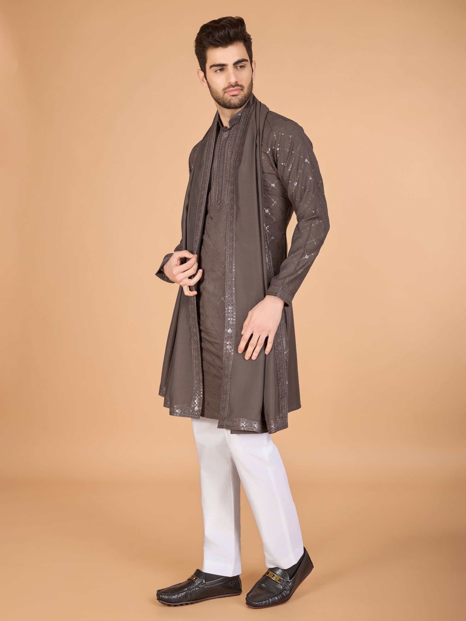 Brown color viscose silk men's kurta with dupatta online