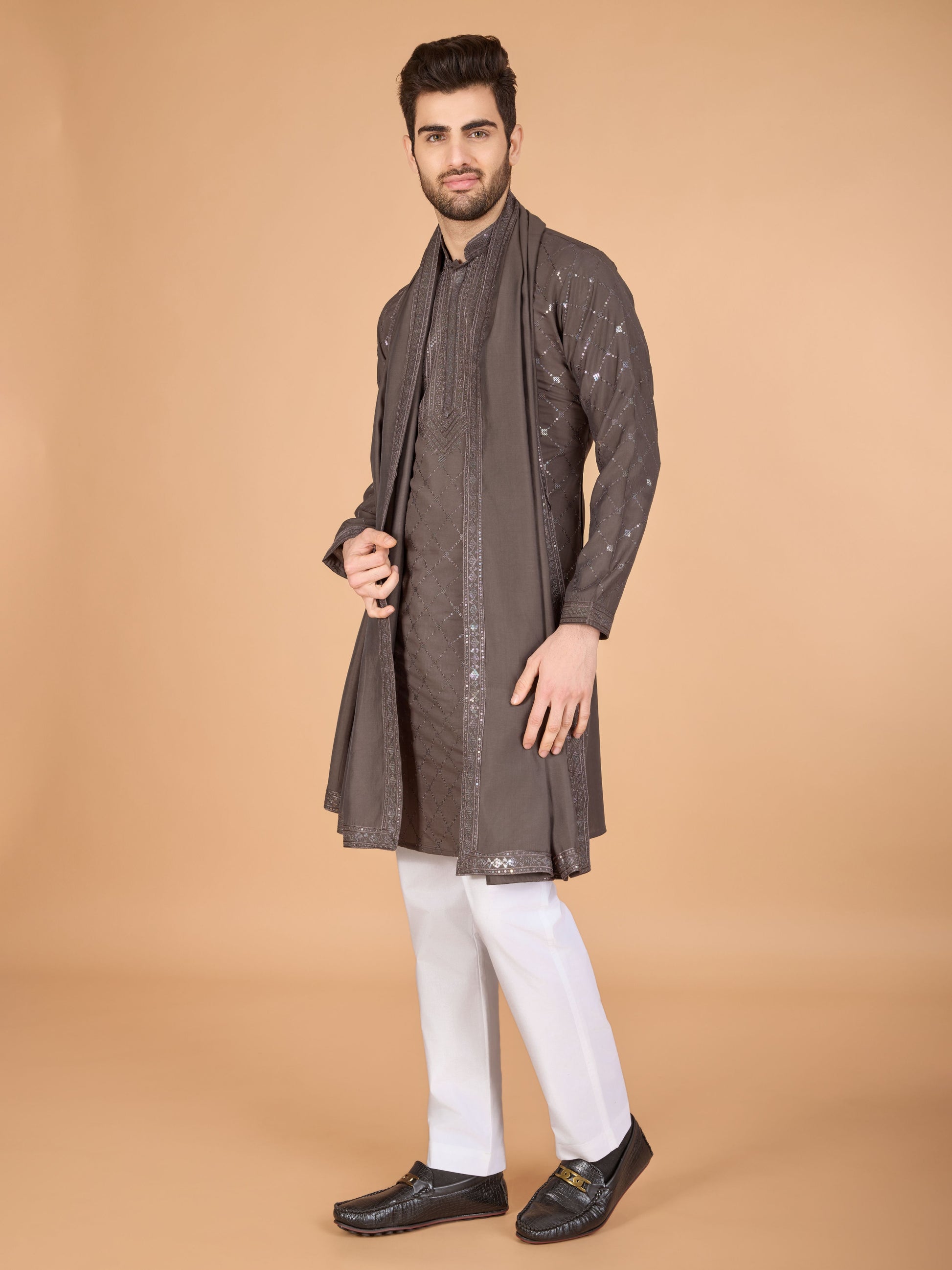 Brown color viscose silk men's kurta with dupatta price