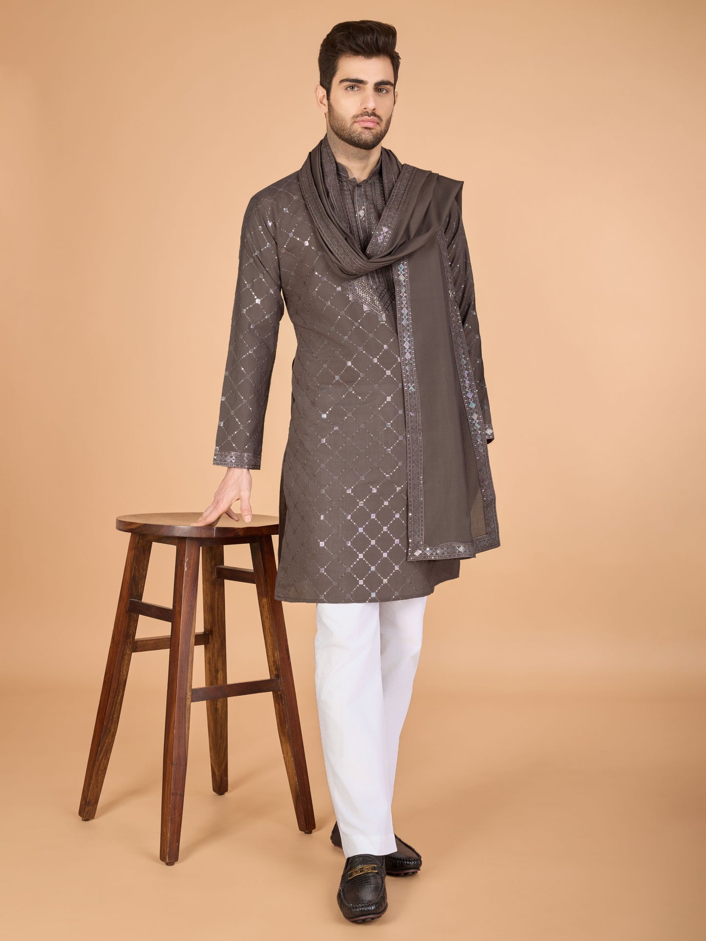Brown color viscose silk men's kurta with dupatta for party