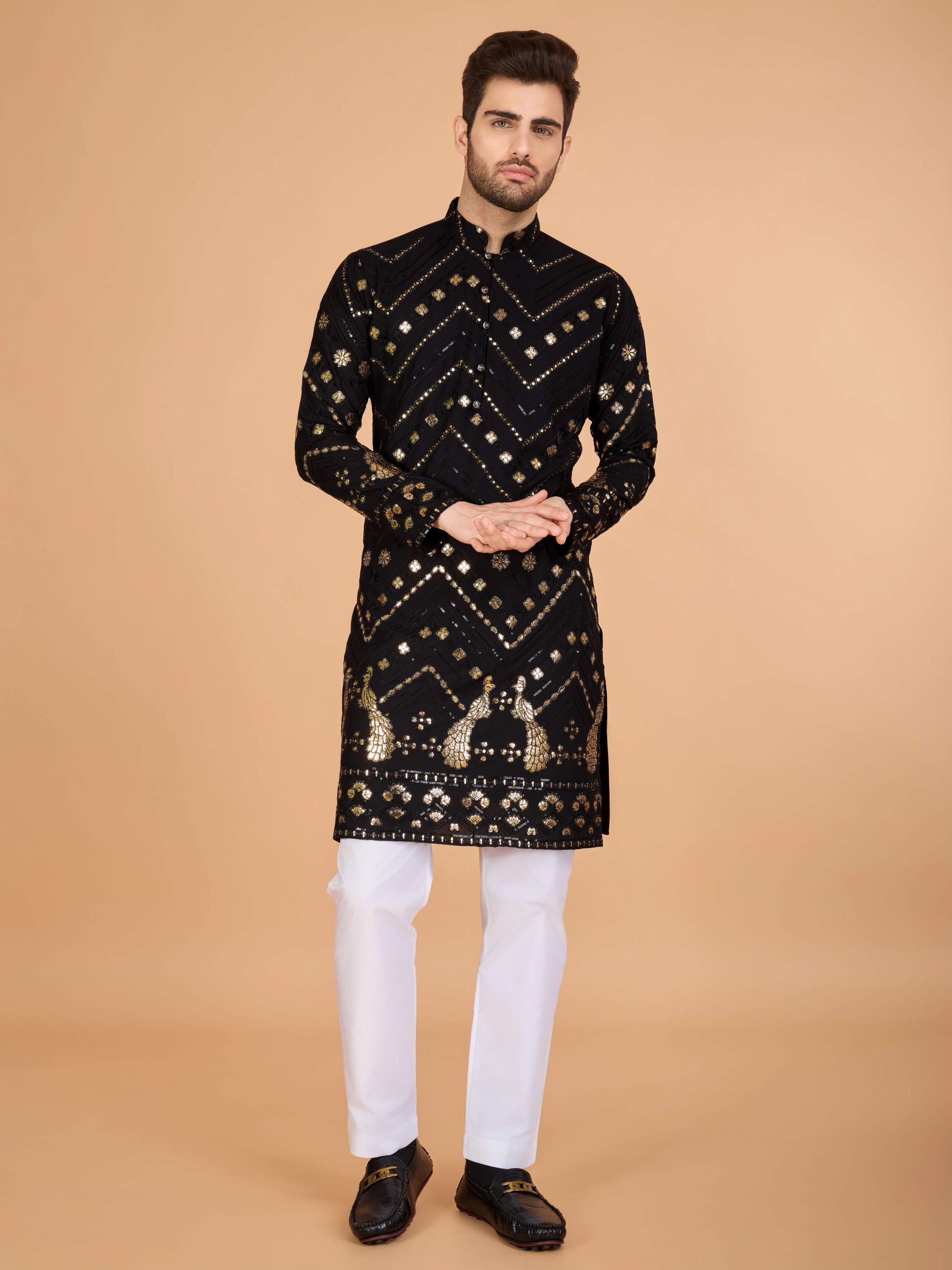Black color viscose rayon mens kurta for wedding