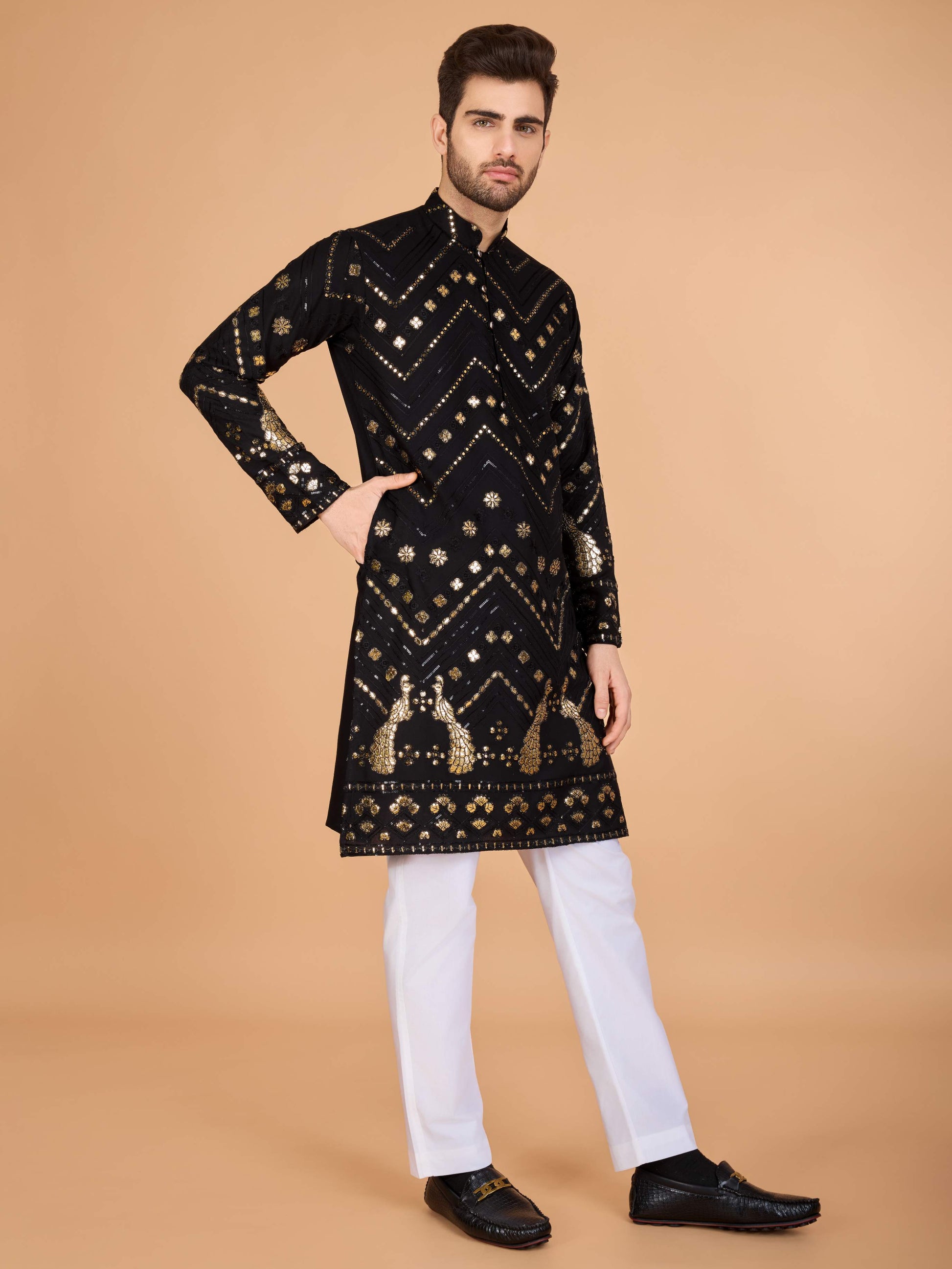Black color viscose rayon mens kurta online