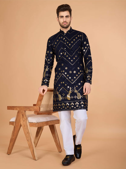 Navy blue color vscose rayon mens kurta for party