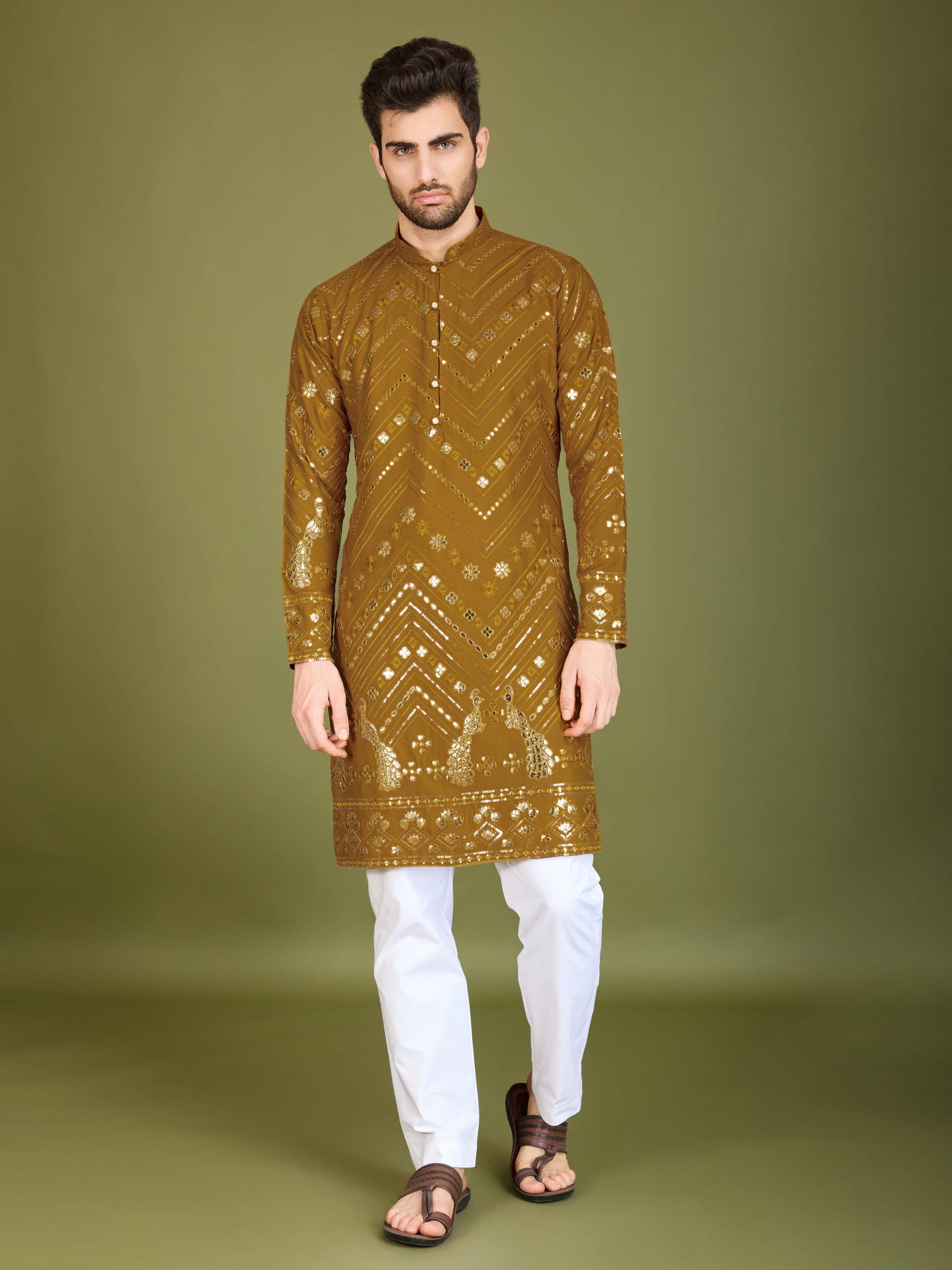 Mustard color viscose rayon kurta for mens