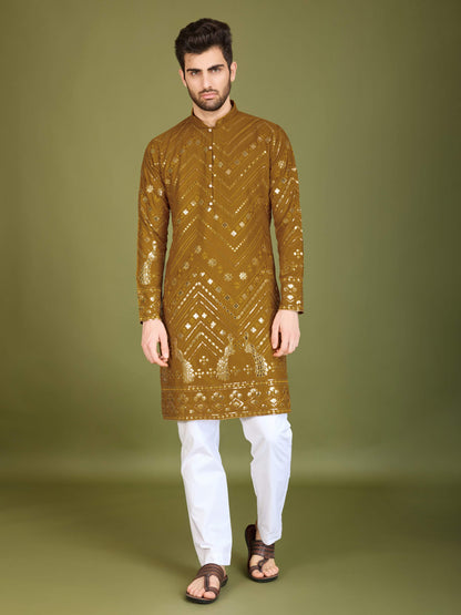 Mustard color viscose rayon kurta for mens