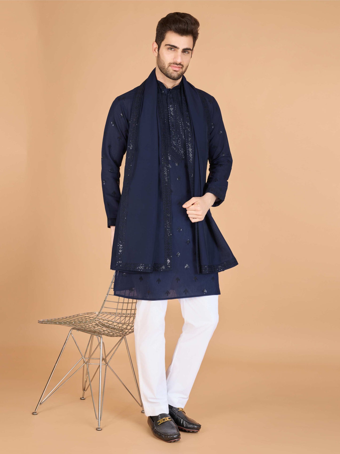 Navy blue color viscose silk kuta with dupatta