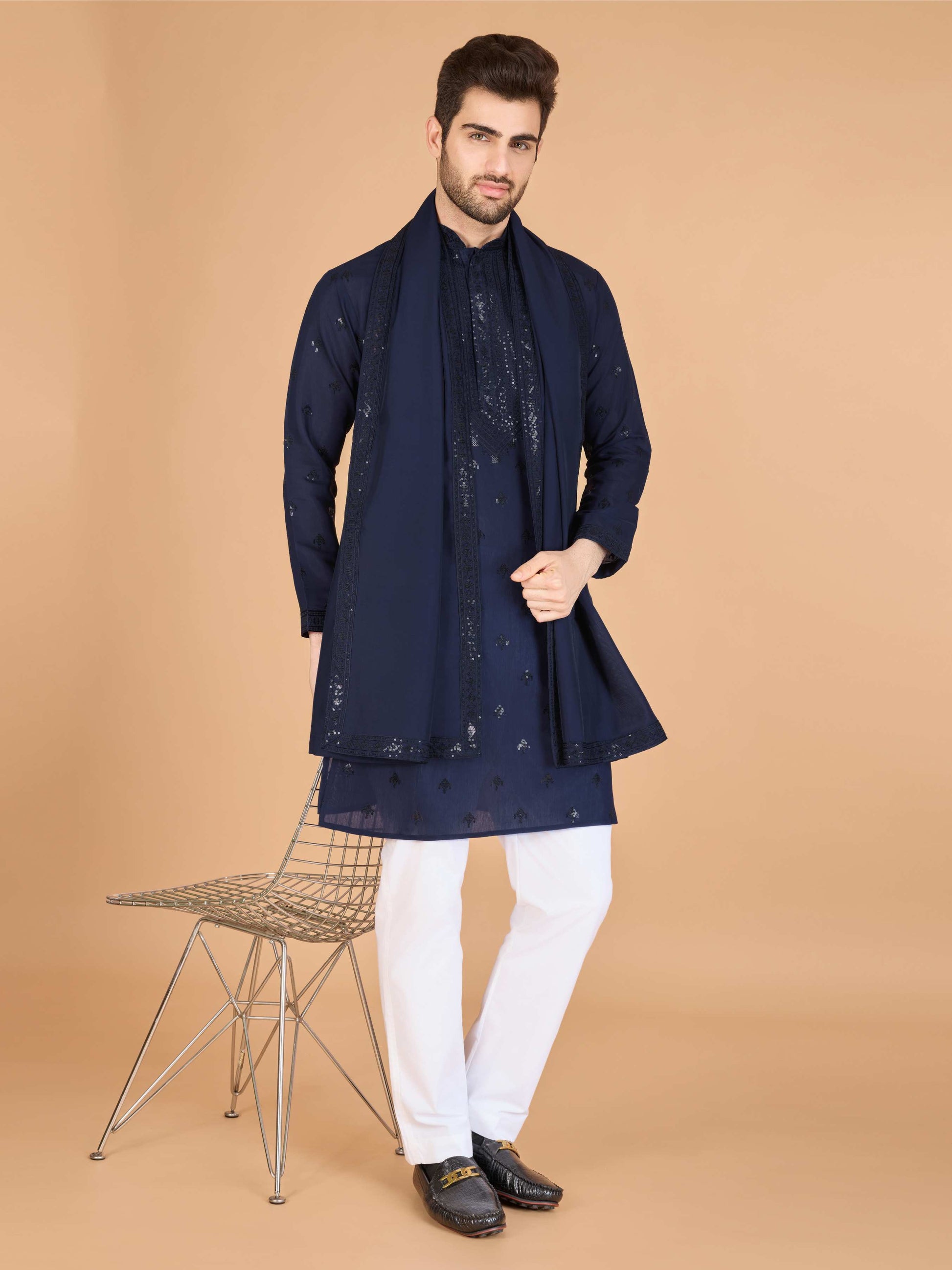 Navy blue color viscose silk kuta with dupatta