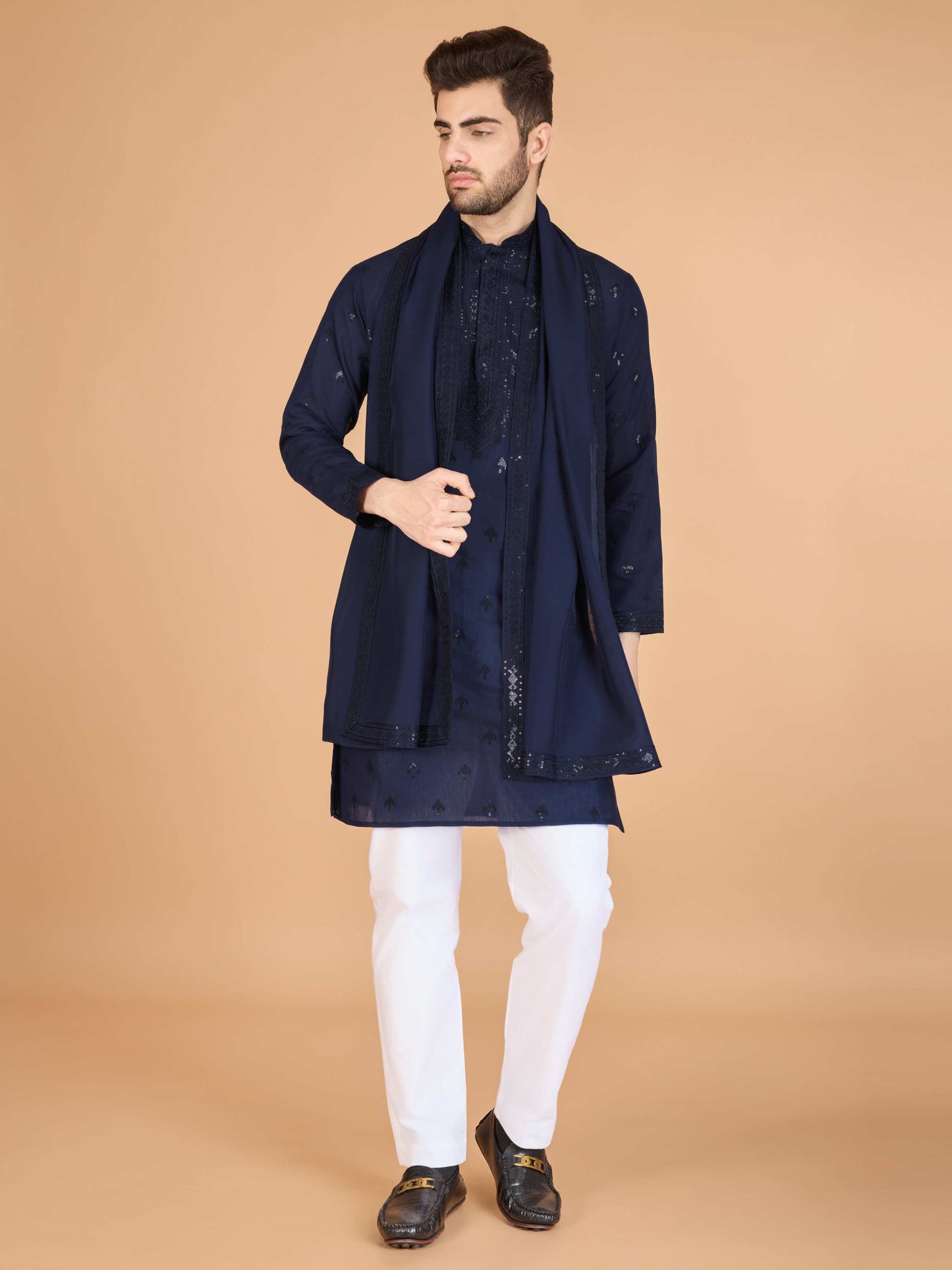 Navy blue color viscose silk kuta with dupatta images