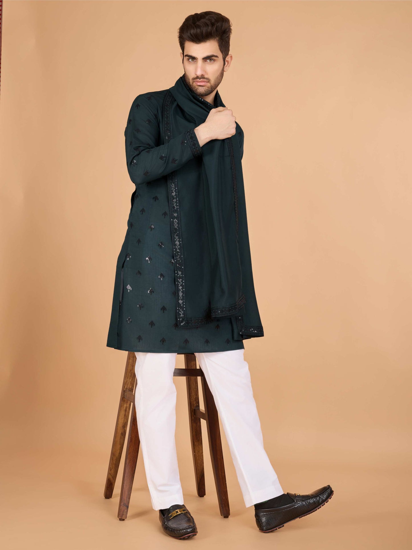 Green color viscose silk men's kurta online