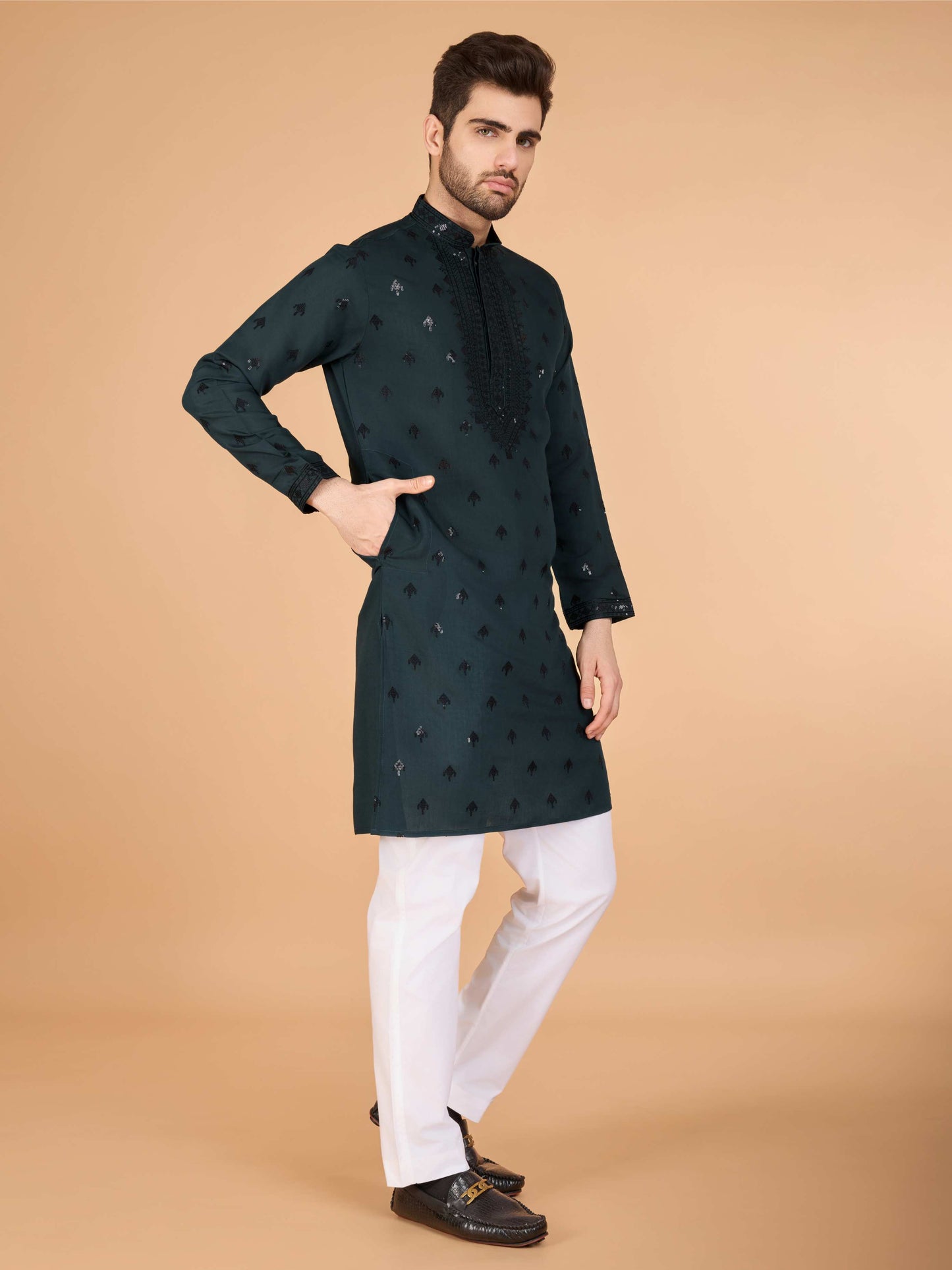 Green color viscose silk men's kurta images