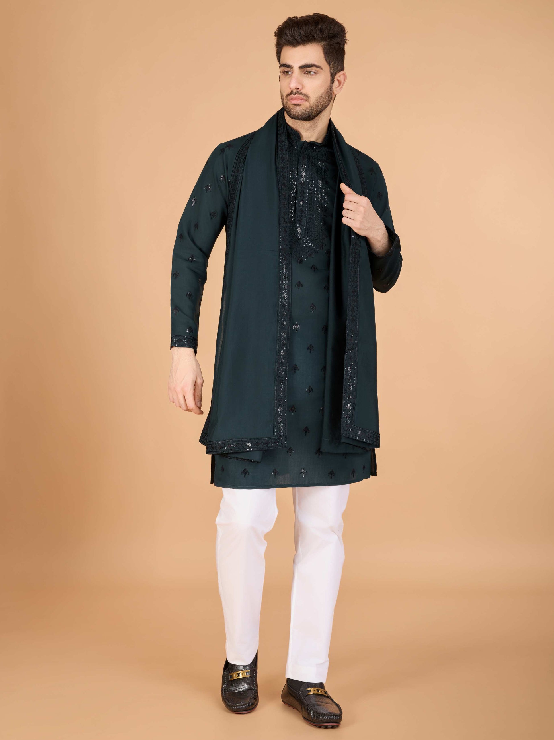 Green color viscose silk men's kurta online shopping