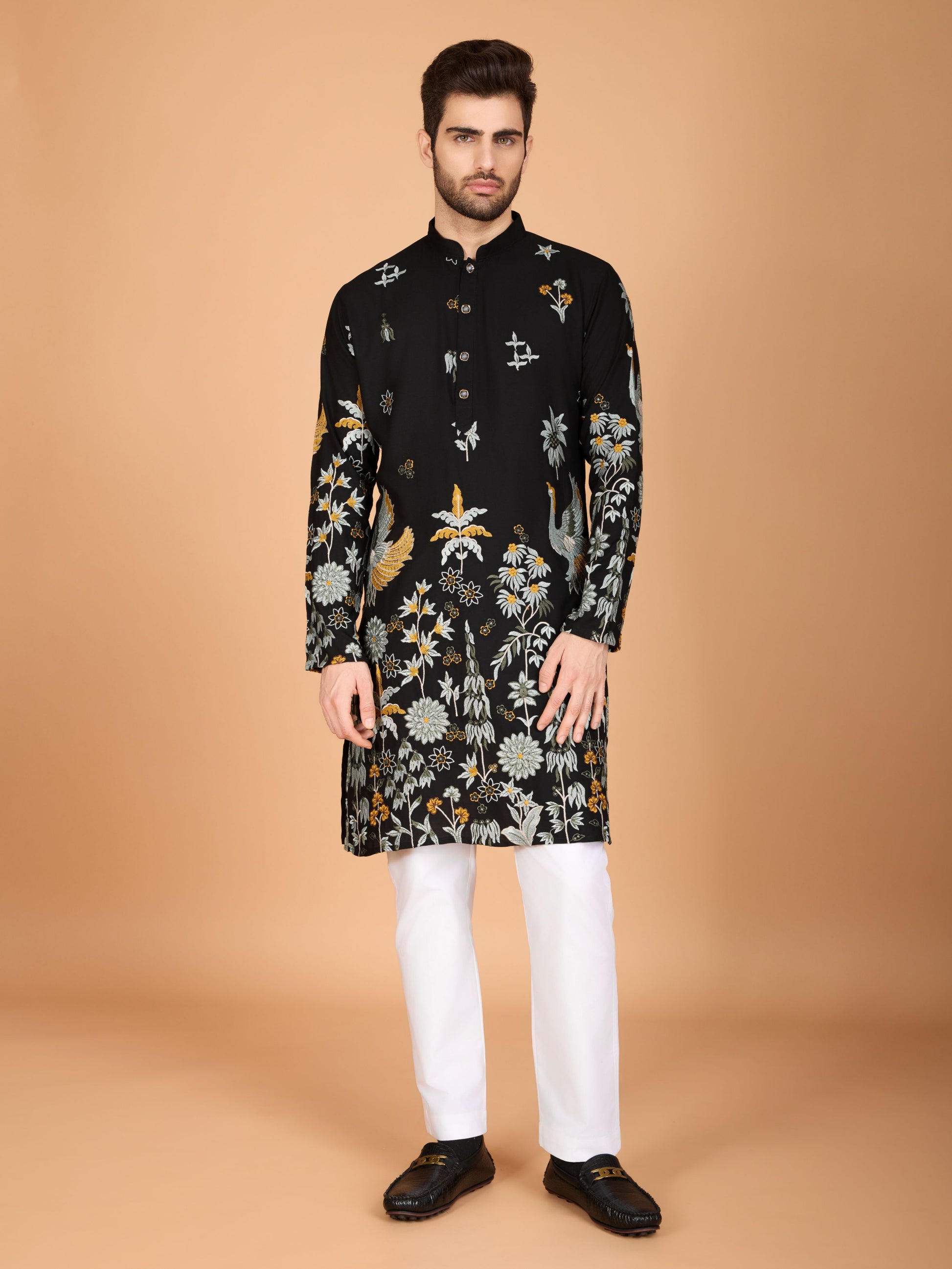 Black color viscose rayon men's kurta for wedding