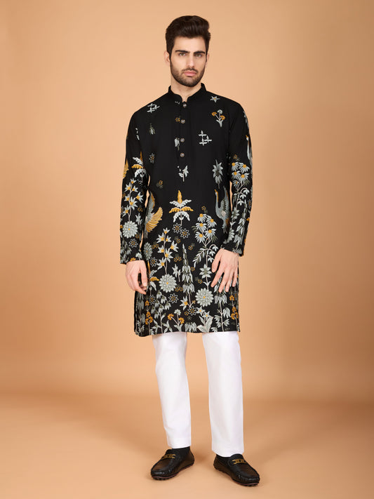 Black color viscose rayon men's kurta for wedding
