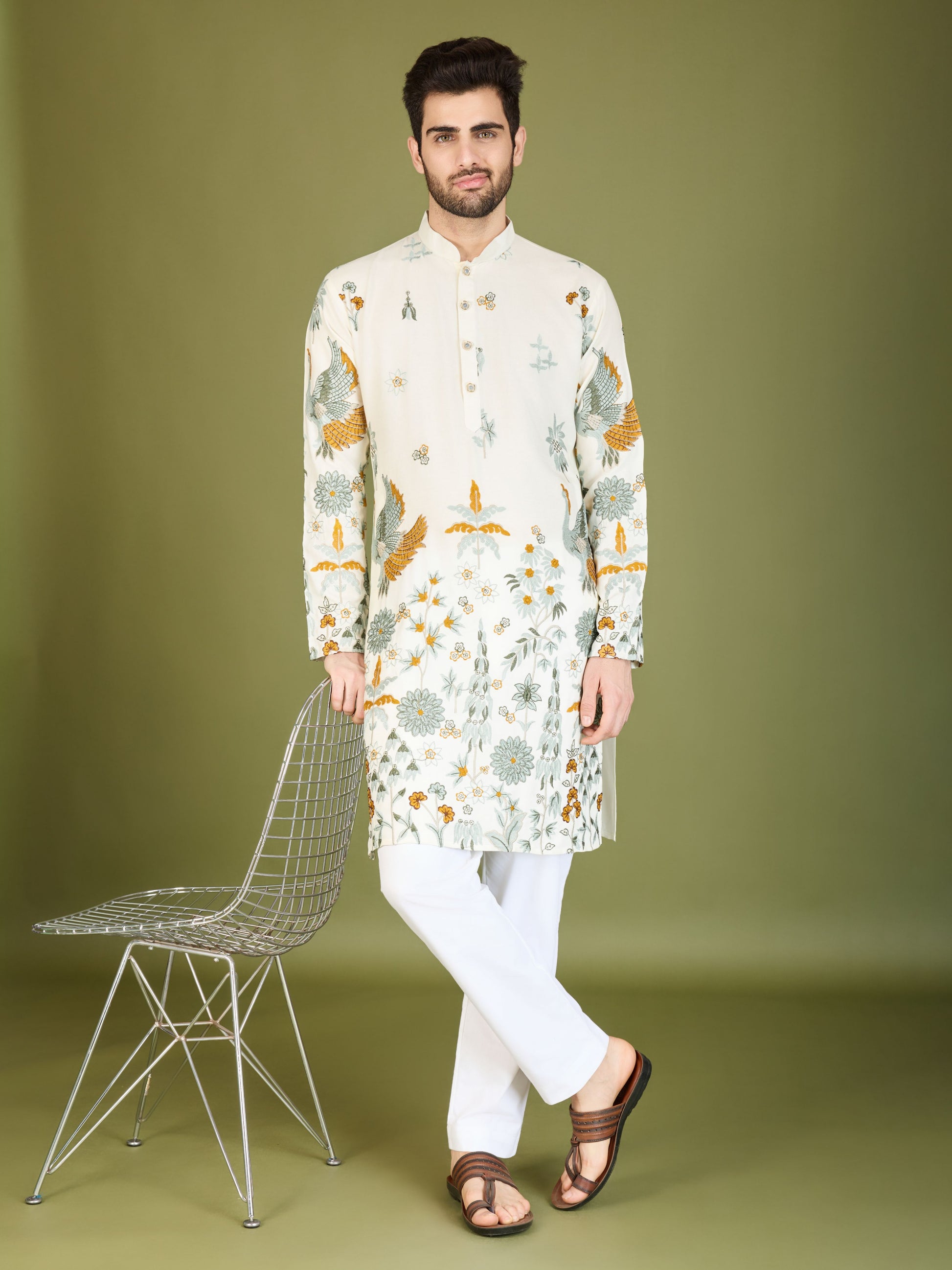White color viscose rayon kurta for wedding