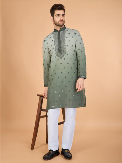 Green color viscose silk mens kurta online shopping