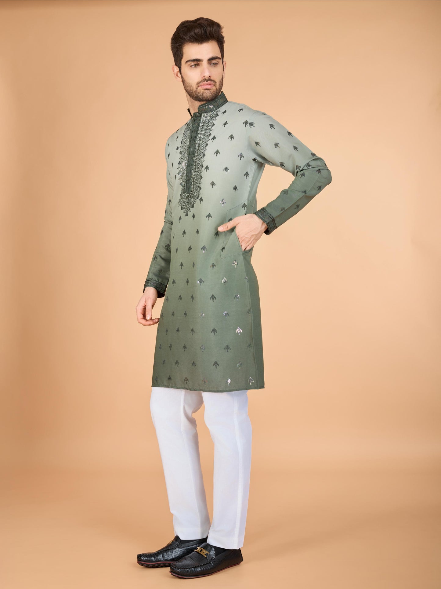 Green color viscose silk mens kurta for wedding