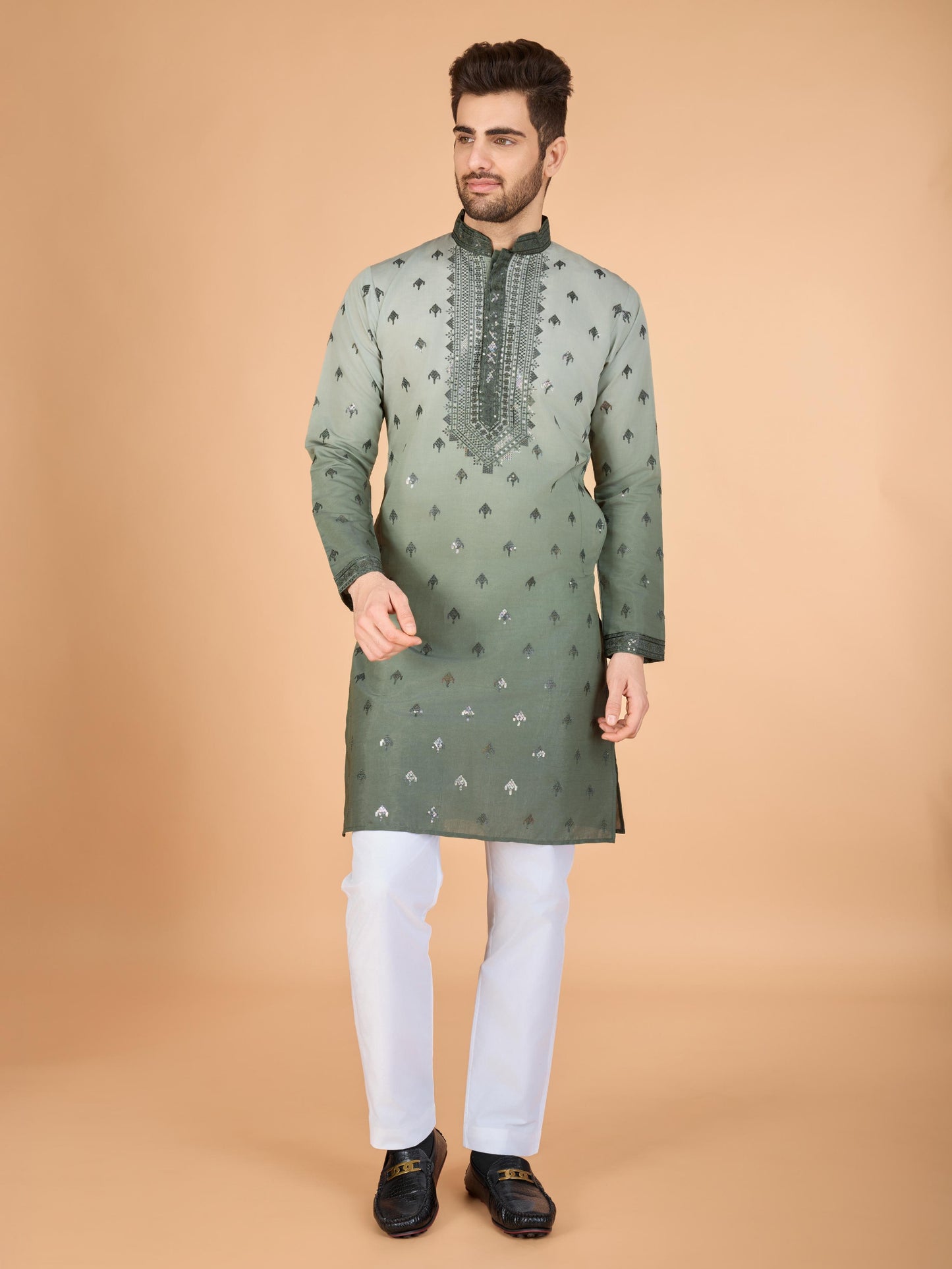 Green color viscose silk mens kurta online
