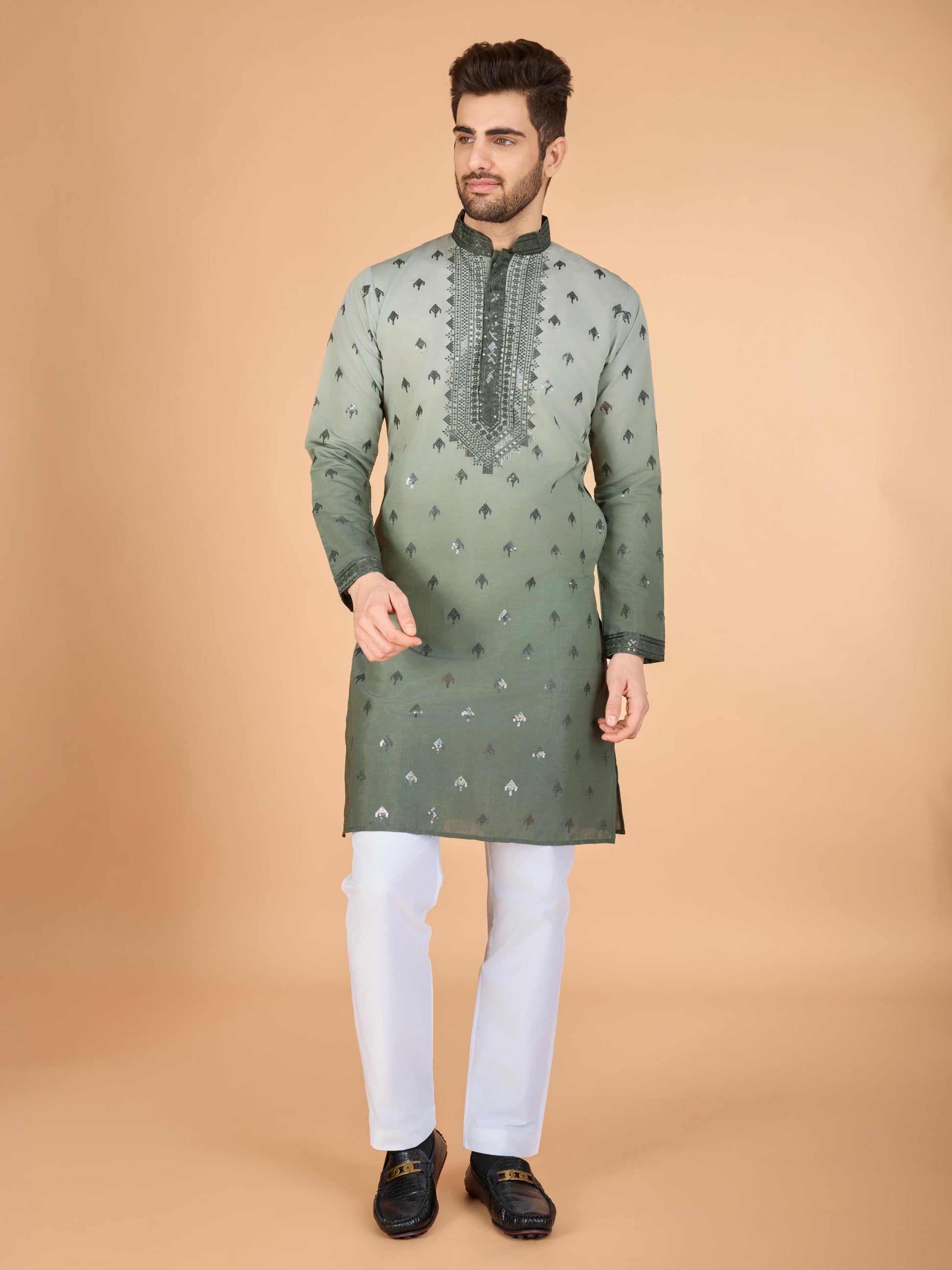 Green color viscose silk mens kurta online