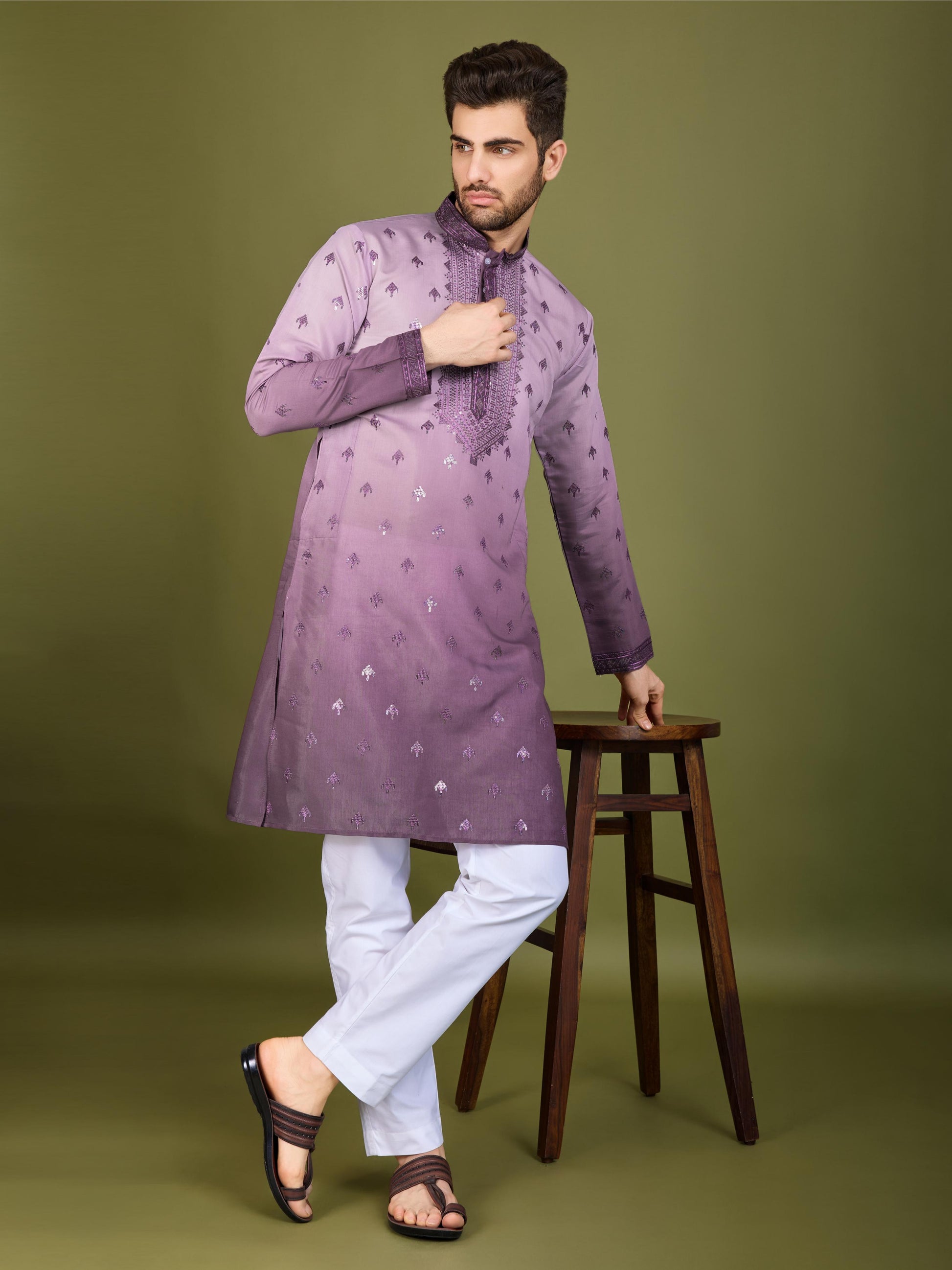 Purple color viscose silk mens kurta online