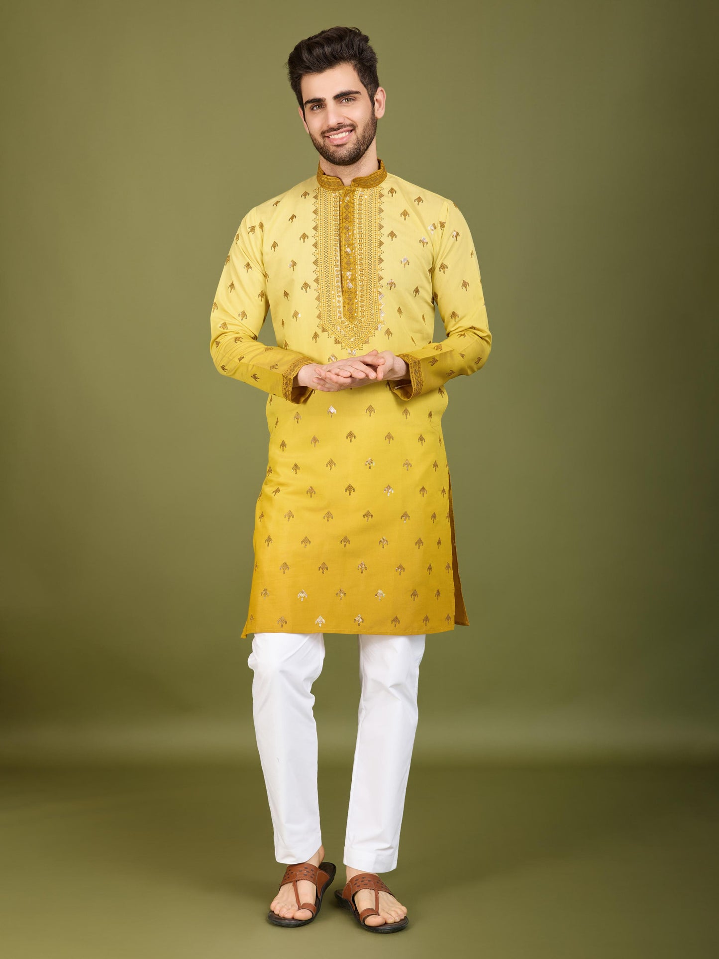 Yellow color viscose silk kurta for wedding
