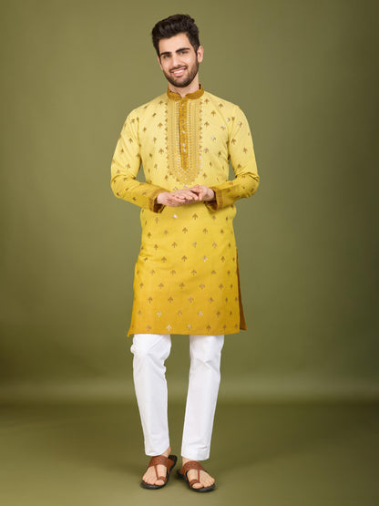 Yellow color viscose silk kurta for wedding