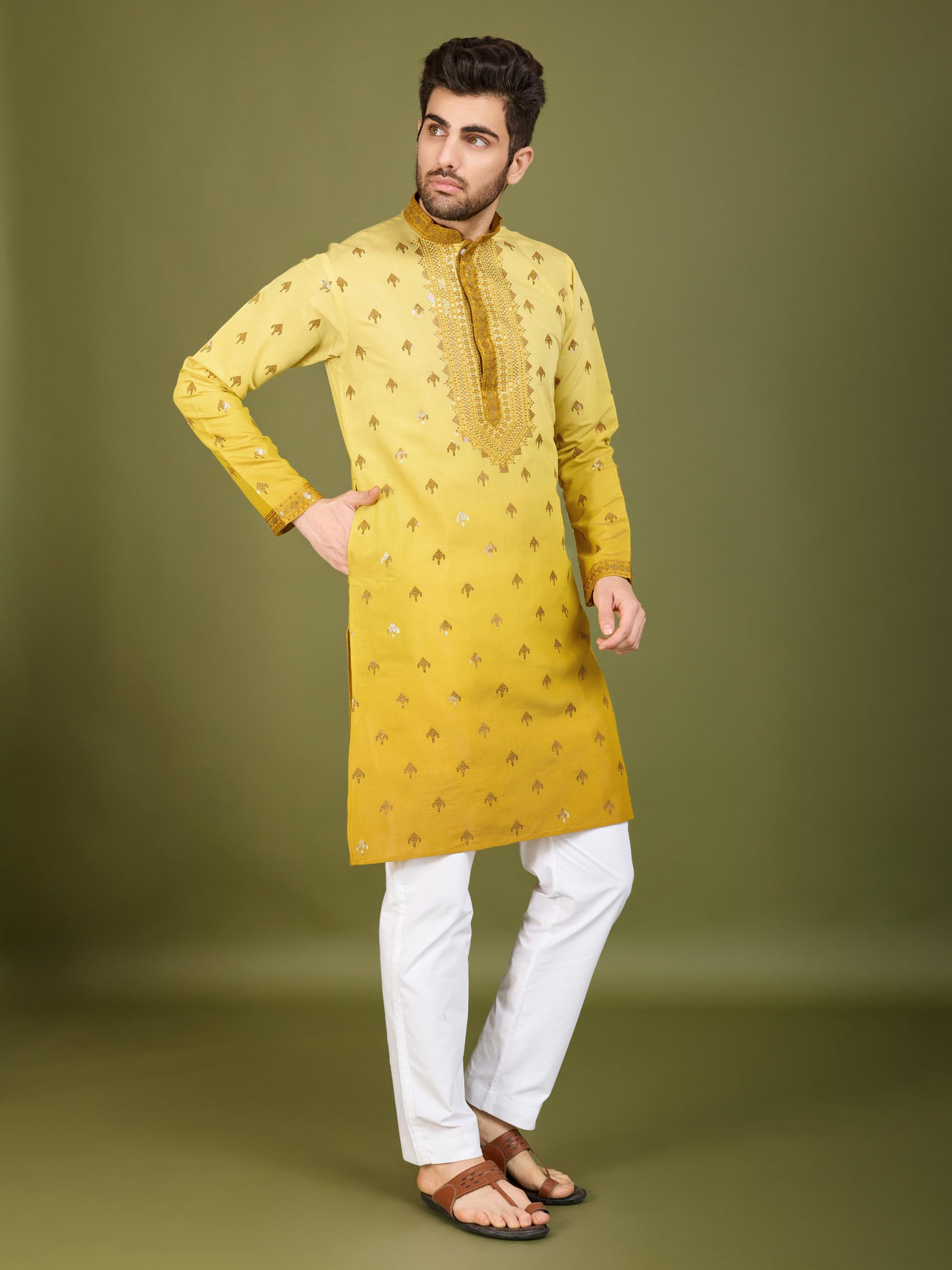 Yellow color viscose silk kurta online