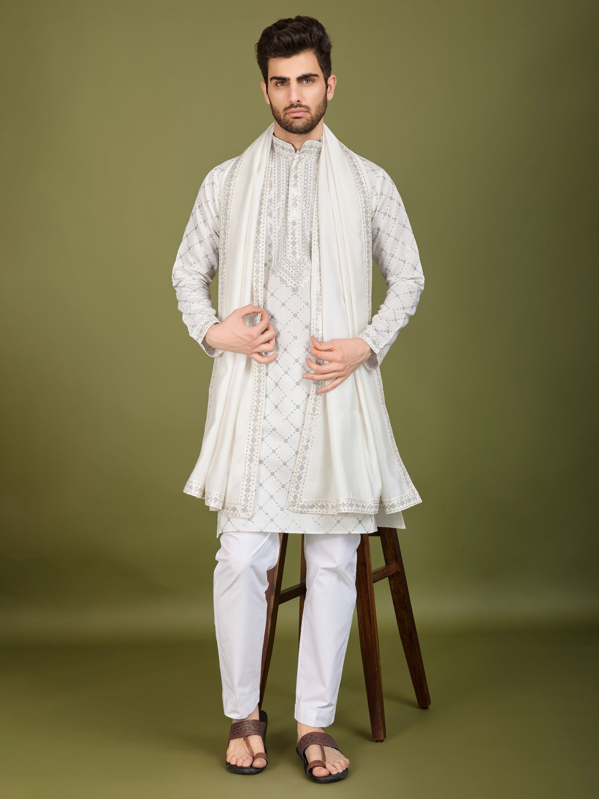 White color viscose silk kurta for mens