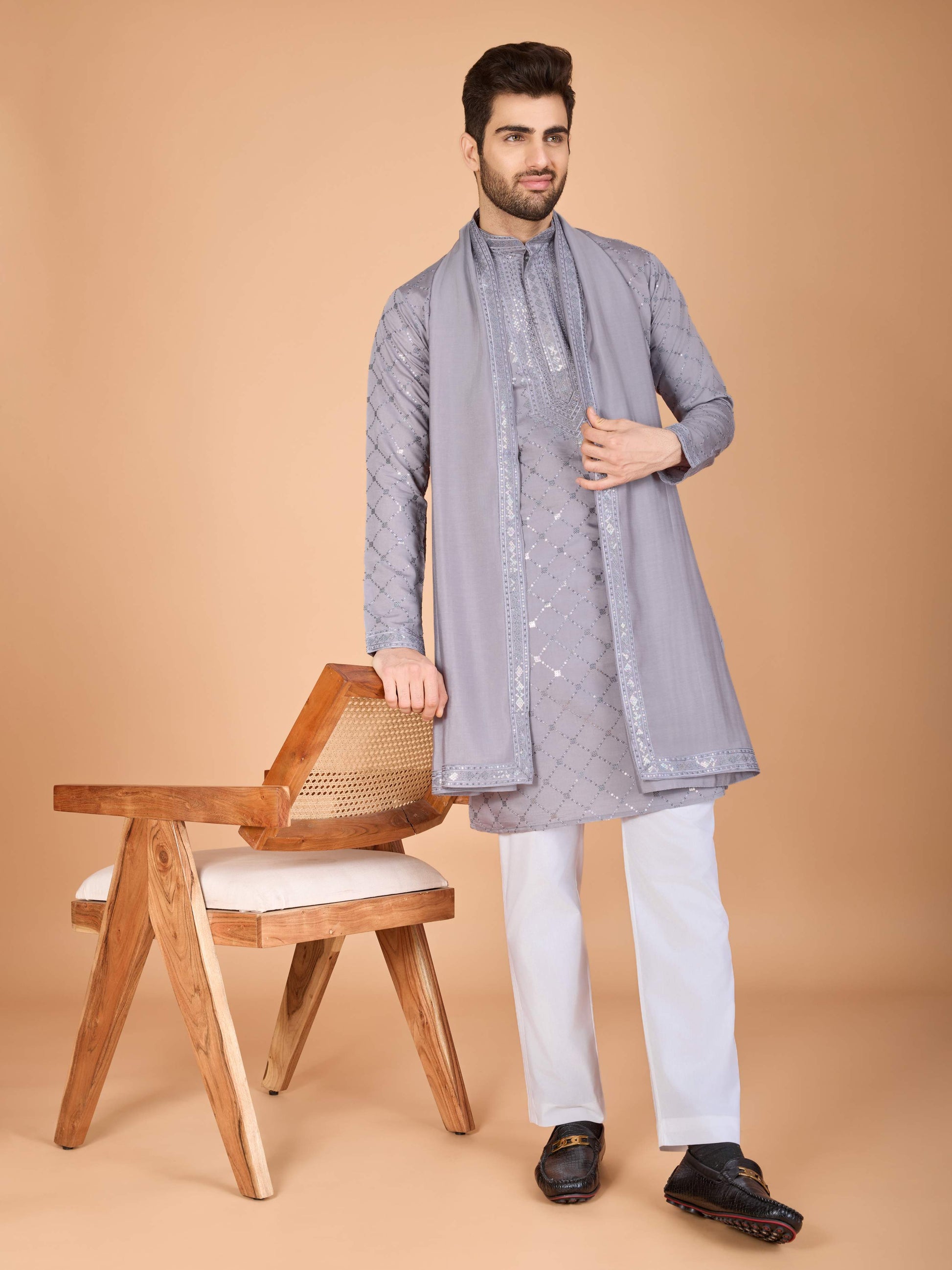 Grey color viscose silk mens indo western online shopping