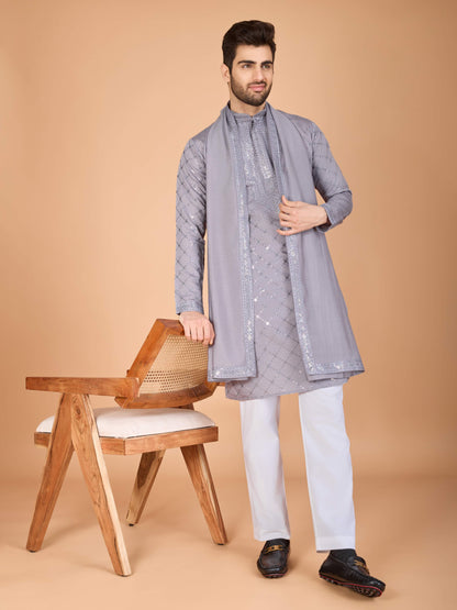Grey color viscose silk mens indo western online shopping