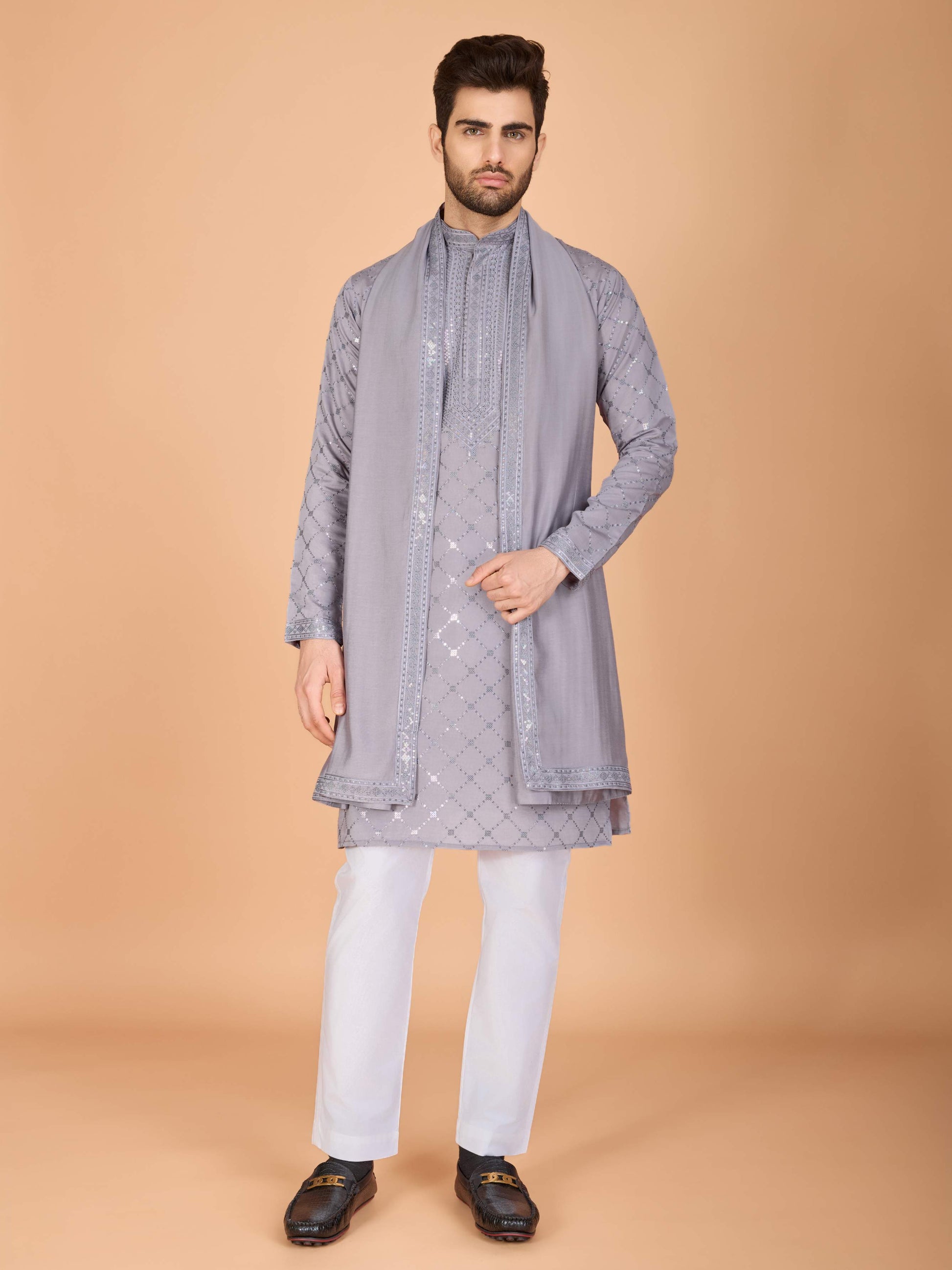 Grey color viscose silk indo western for mens