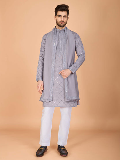 Grey color viscose silk indo western for mens