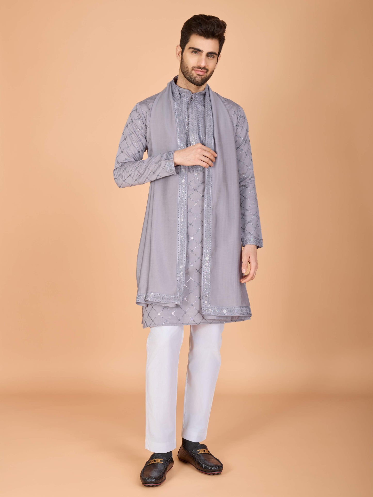 Grey color viscose silk mens indo western for wedding