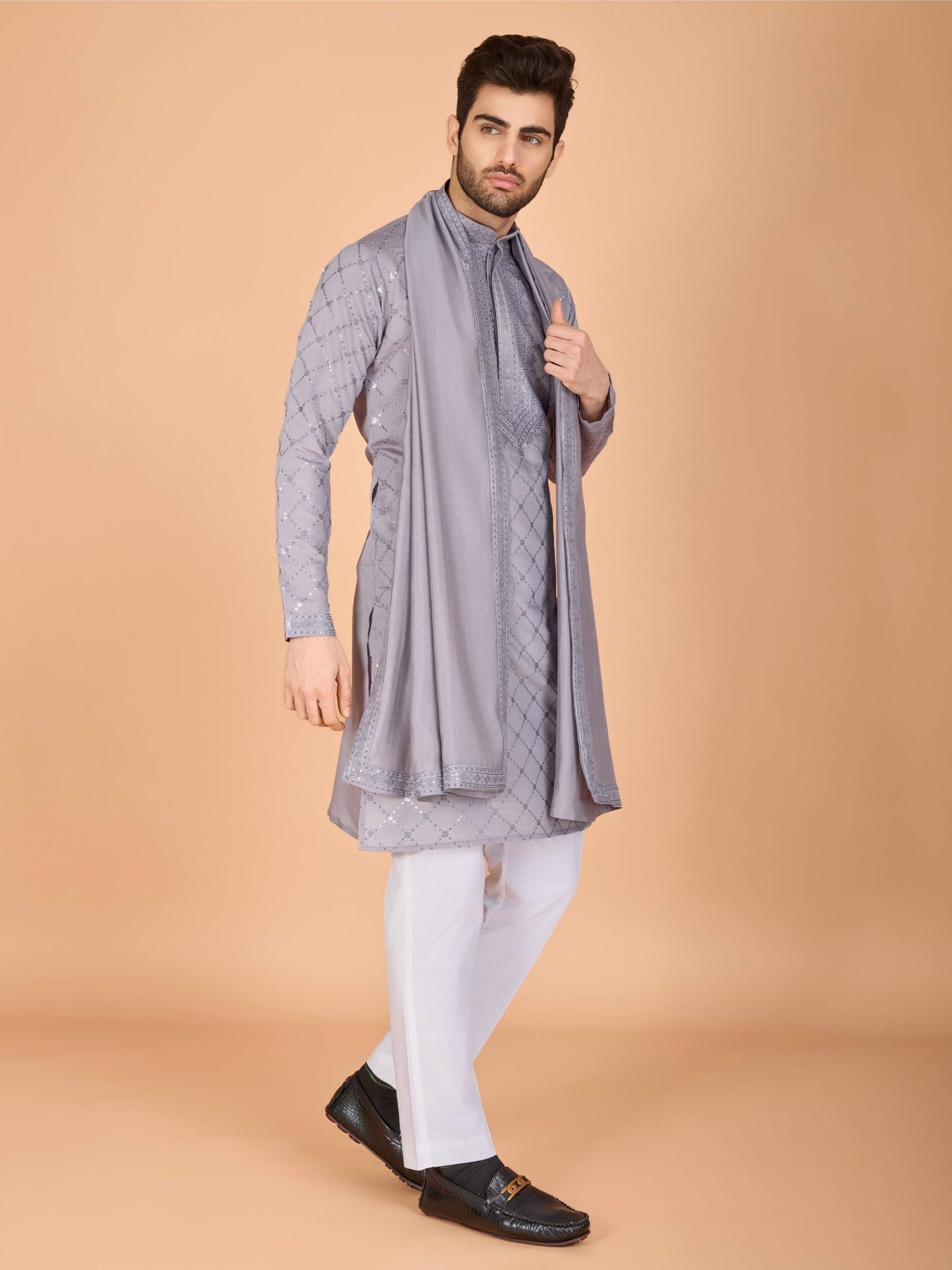 Grey color viscose silk mens indo western online