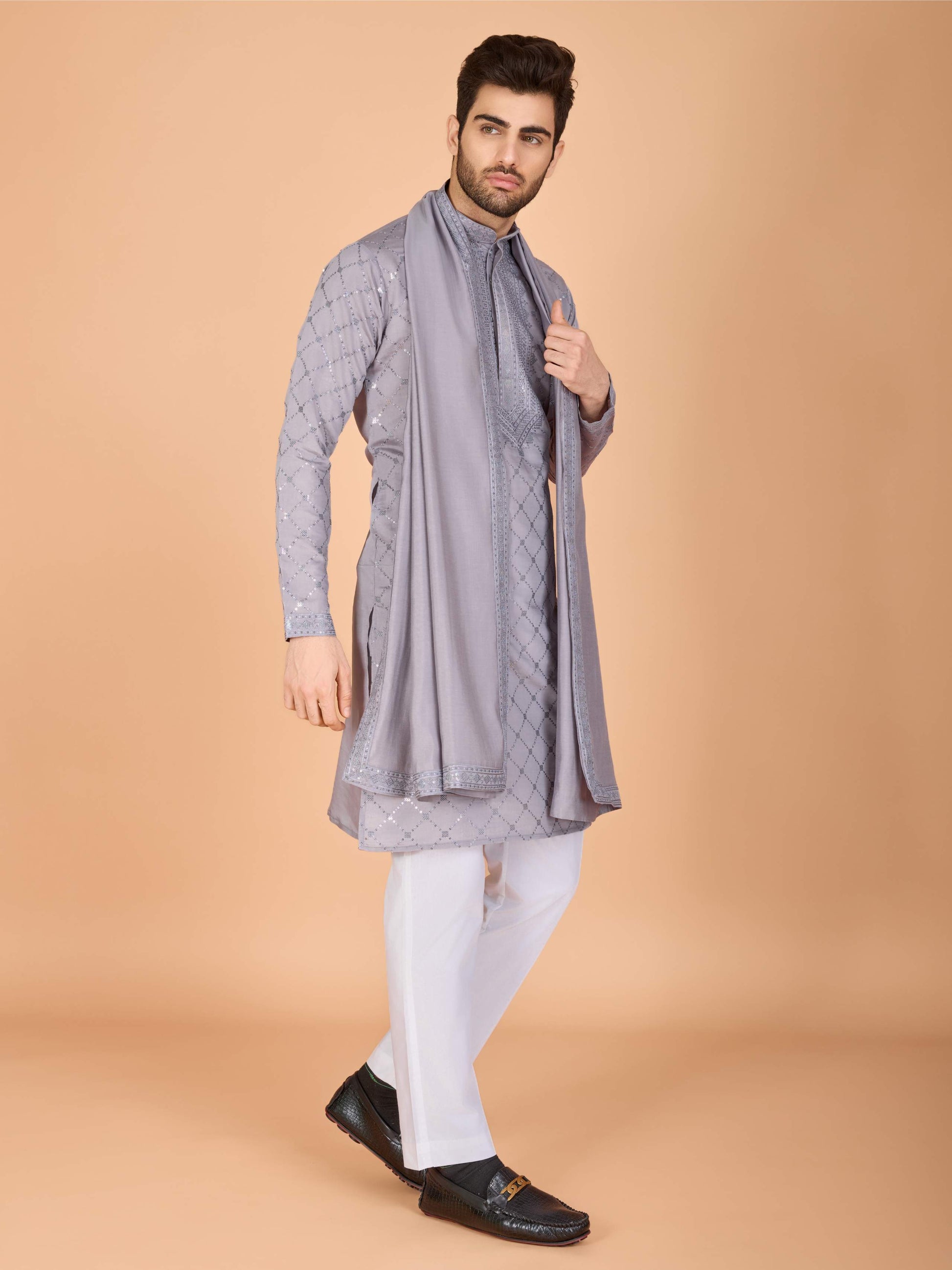 Grey color viscose silk mens indo western online