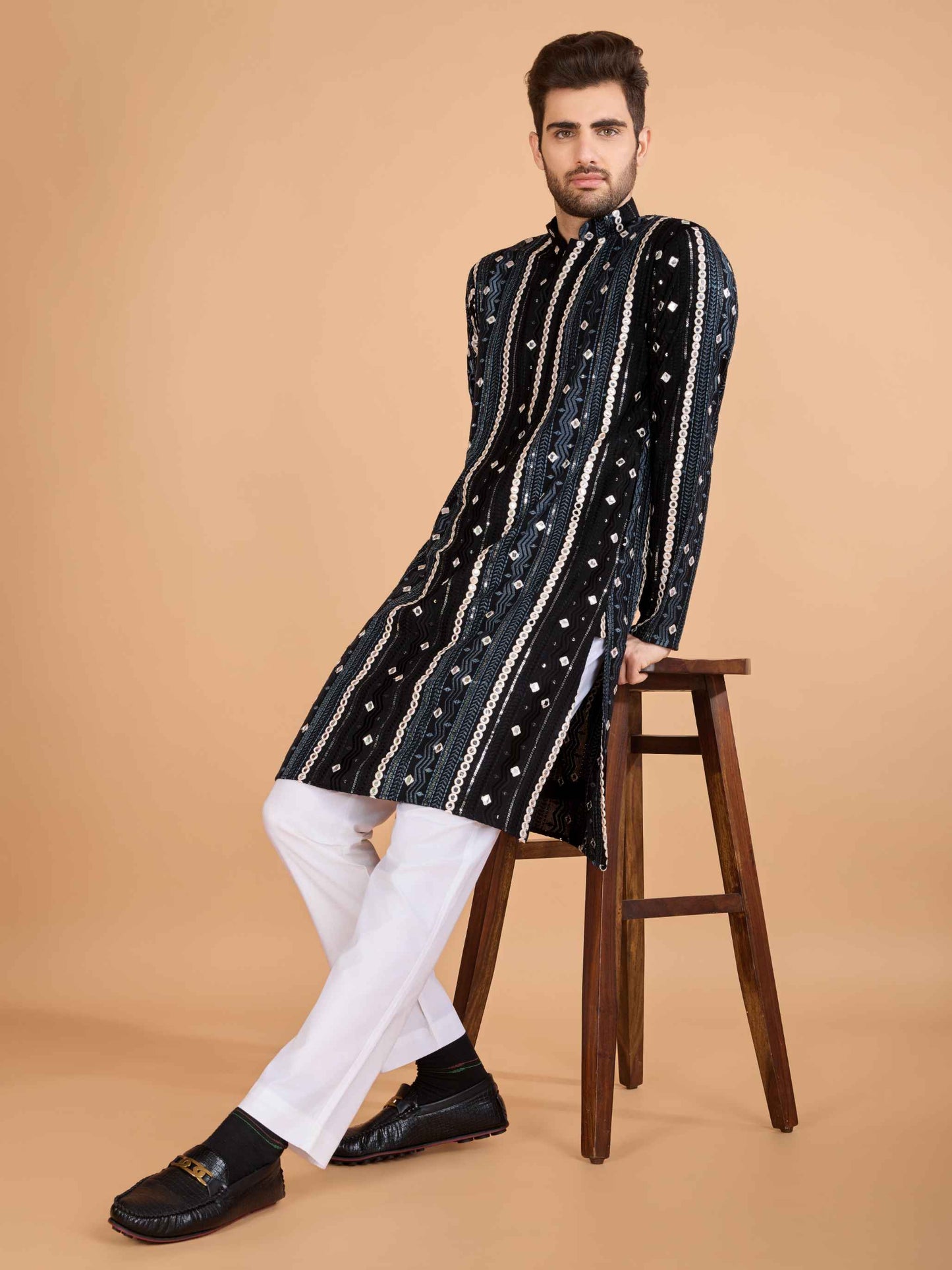 Black color pure viscose rayon men's kurta design