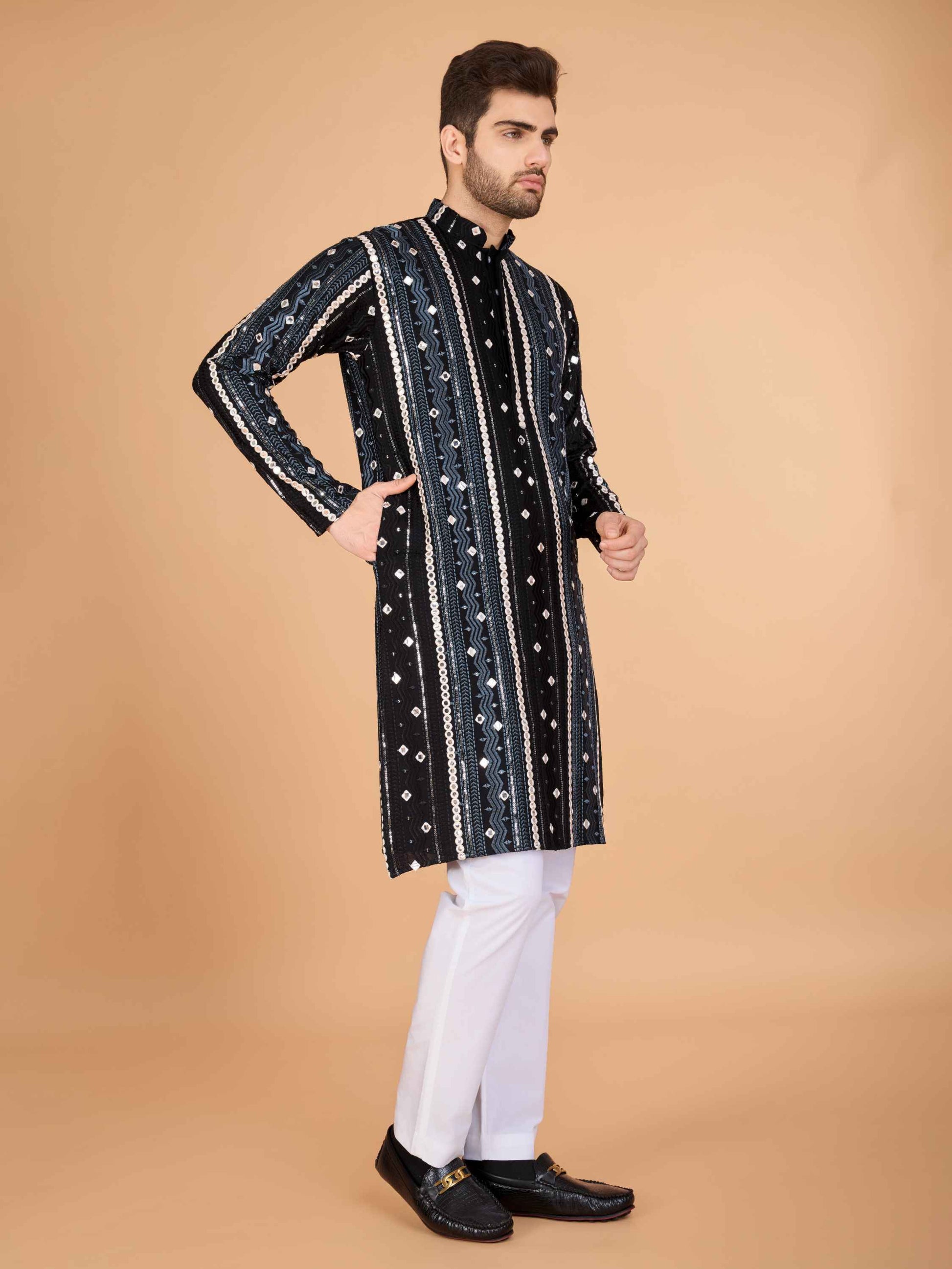 Black color pure viscose rayon men's kurta online