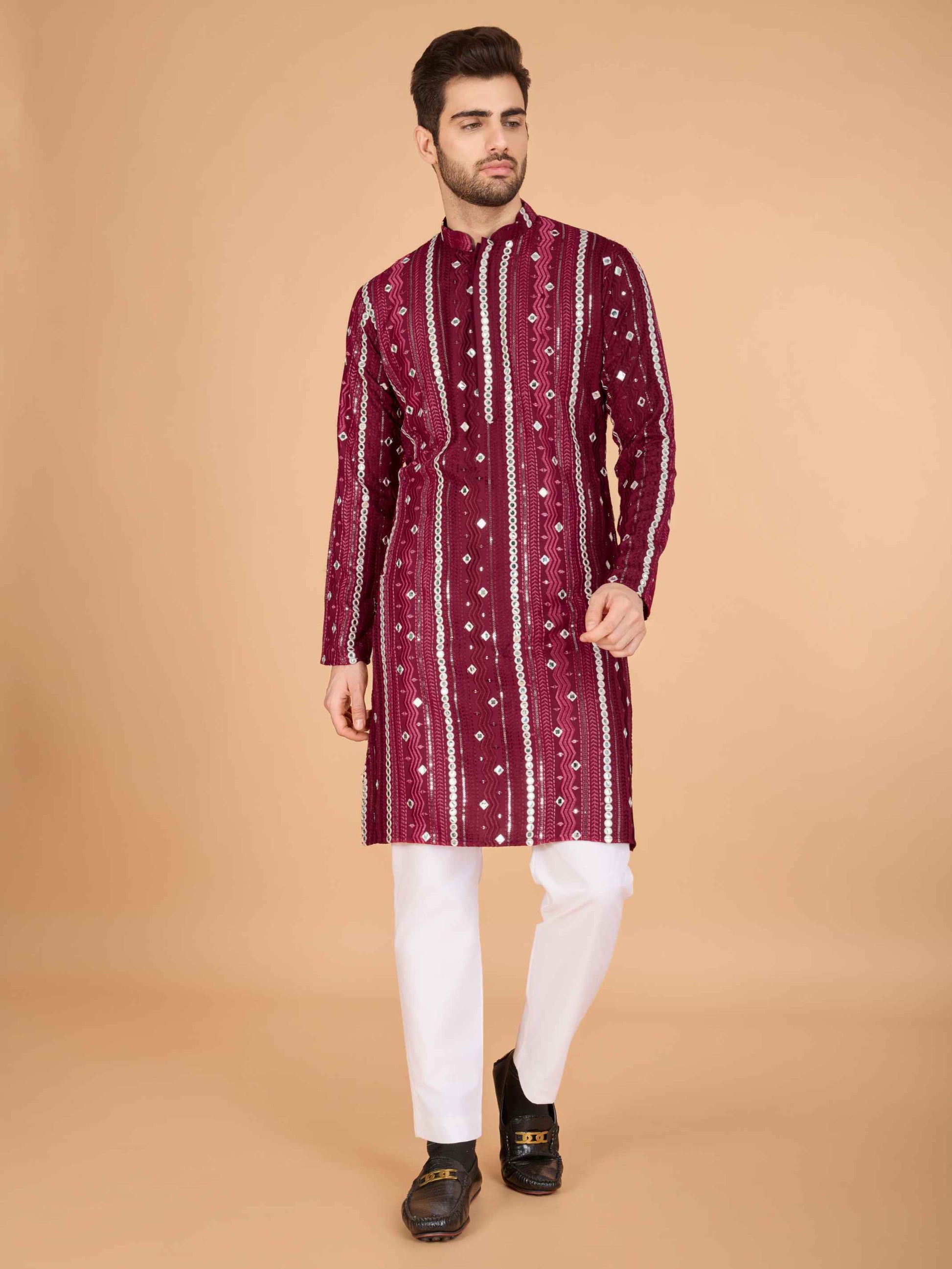 Maroon color pure viscose rayon men's kurta online shopping