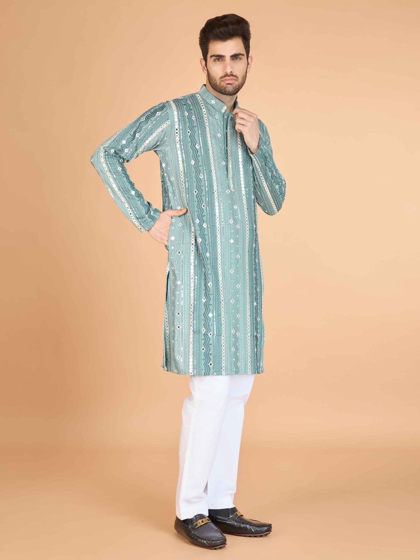 Pista color georgette men's kurta 