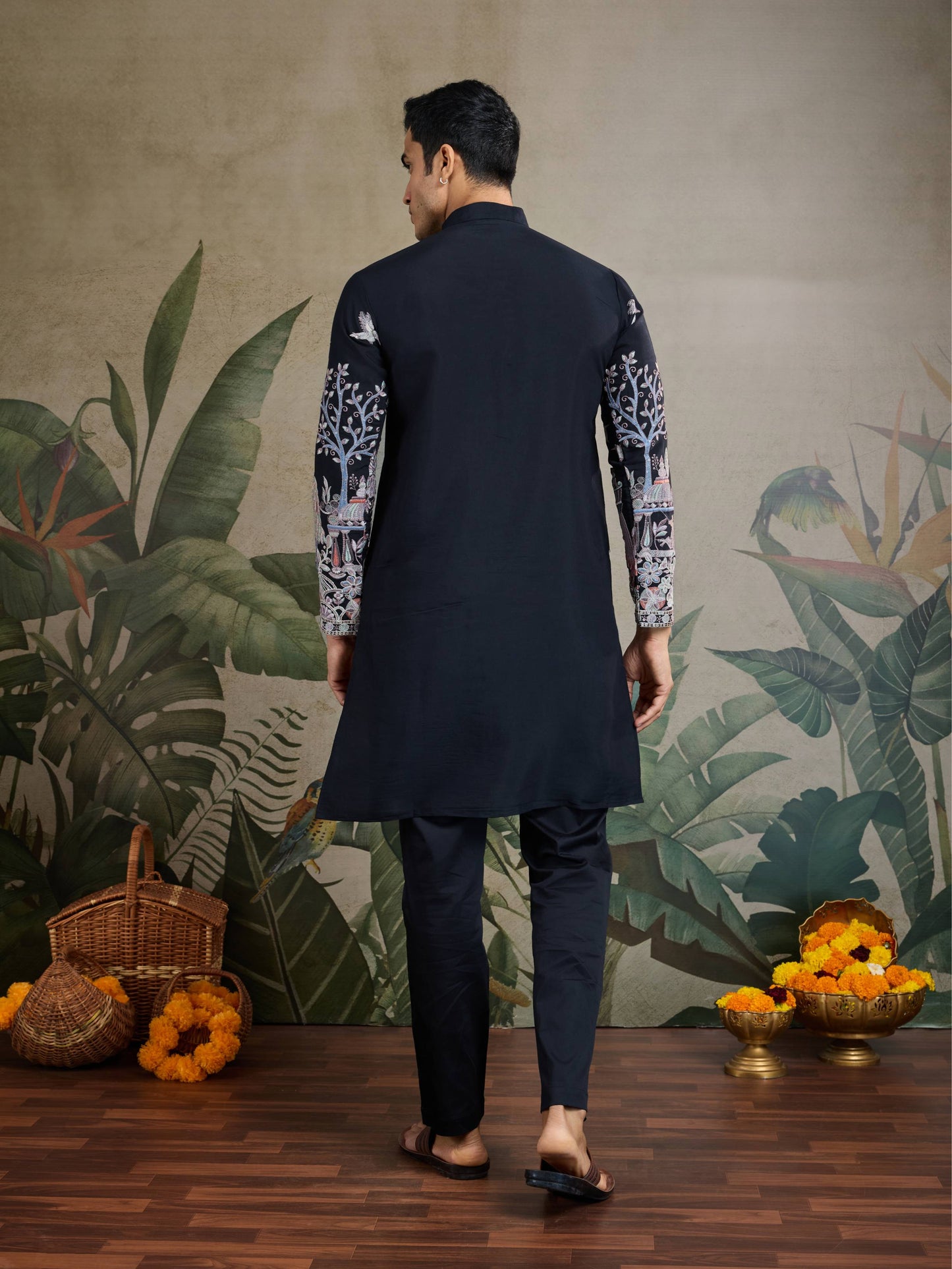 Black color viscose silk mens kurta online shopping