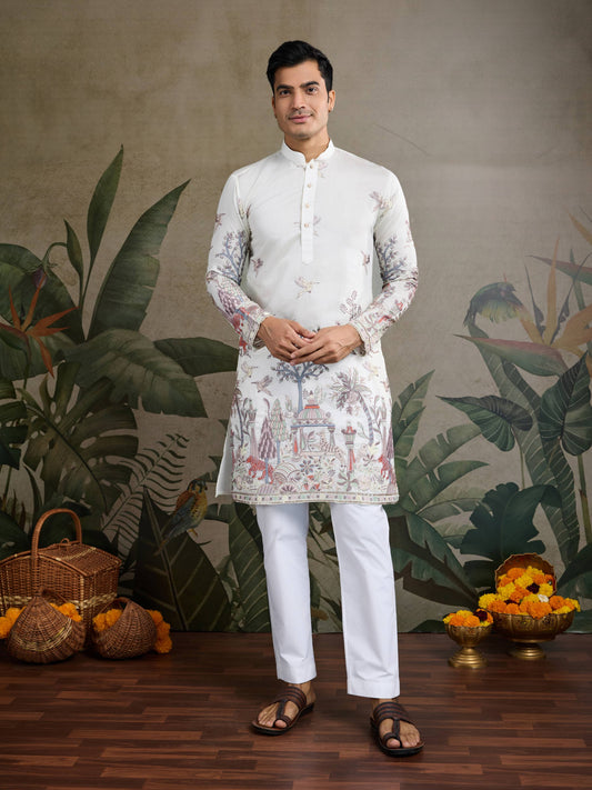 Exclusive White Color Viscose Silk Fancy Mens Kurta For Ethnic Wear