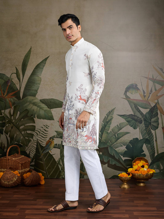 Exclusive White Color Viscose Silk Fancy Mens Kurta For Ethnic Wear