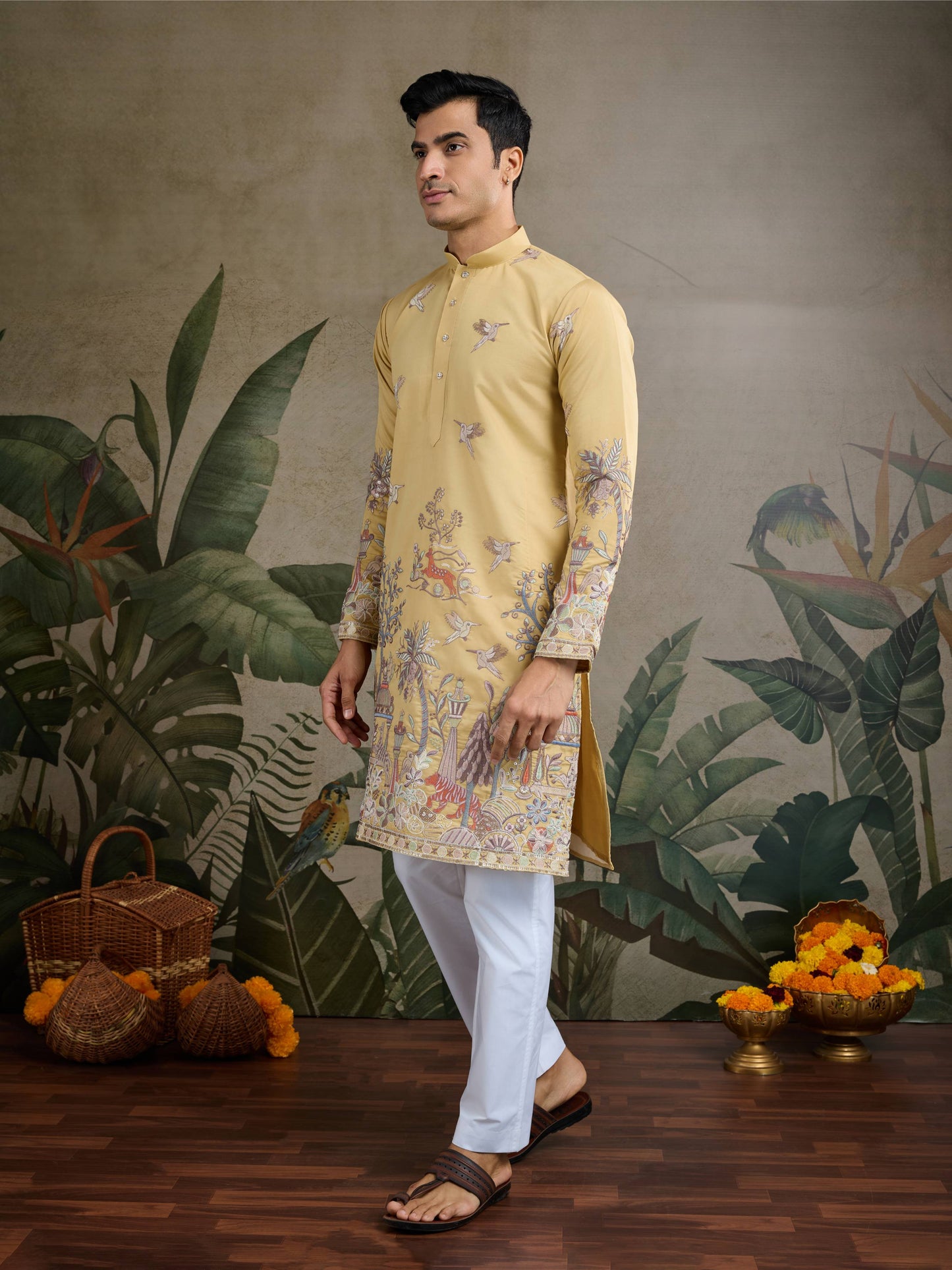 Yellow color viscose silk men kurta with online shopping