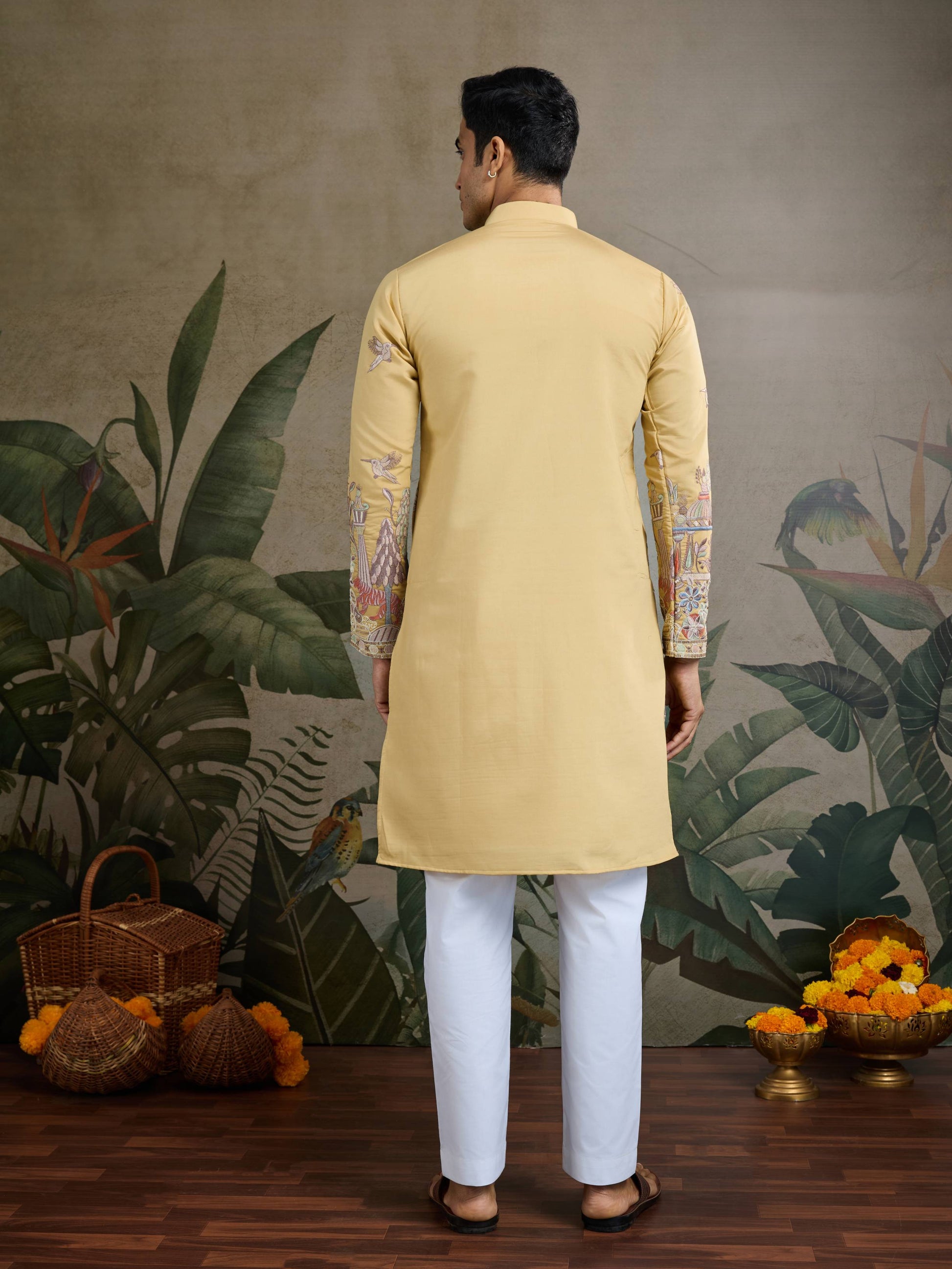 Yellow color viscose silk men kurta with price