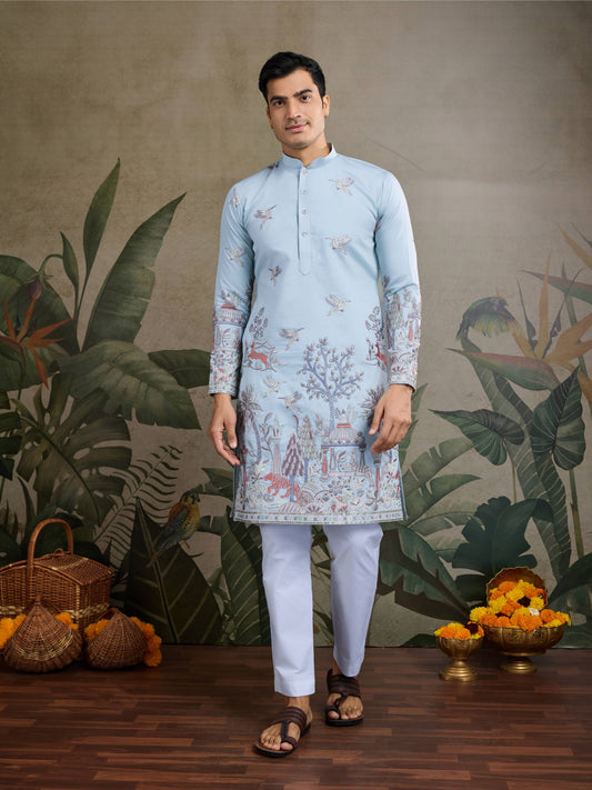 Sky color viscose silk kurta for mens