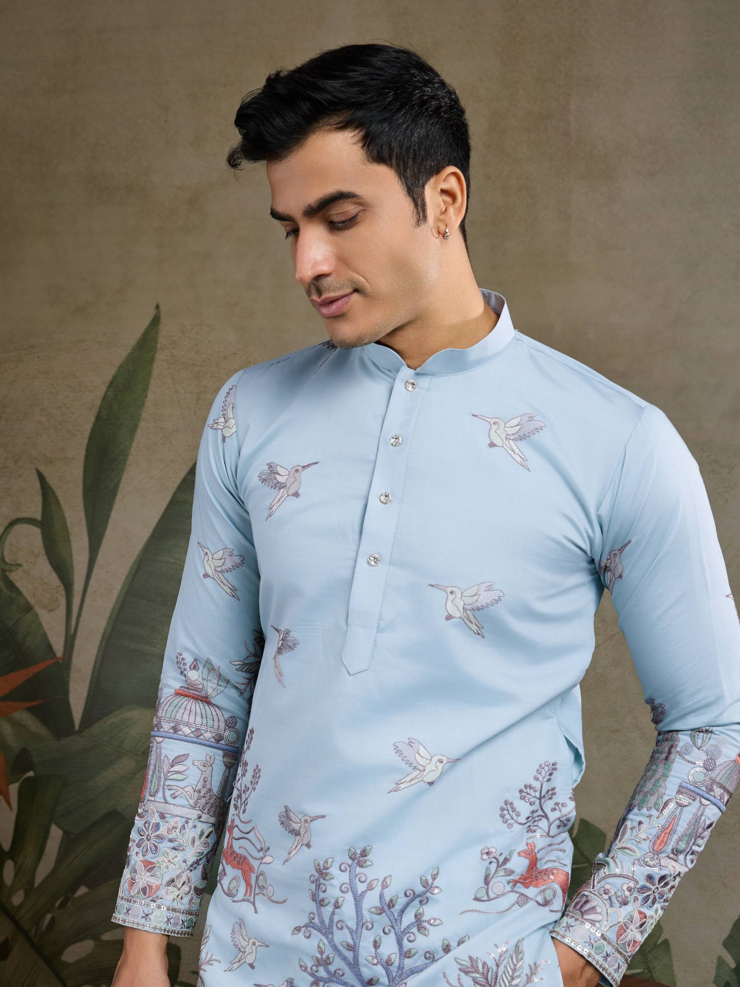 Sky color viscose silk mens kurta online shopping