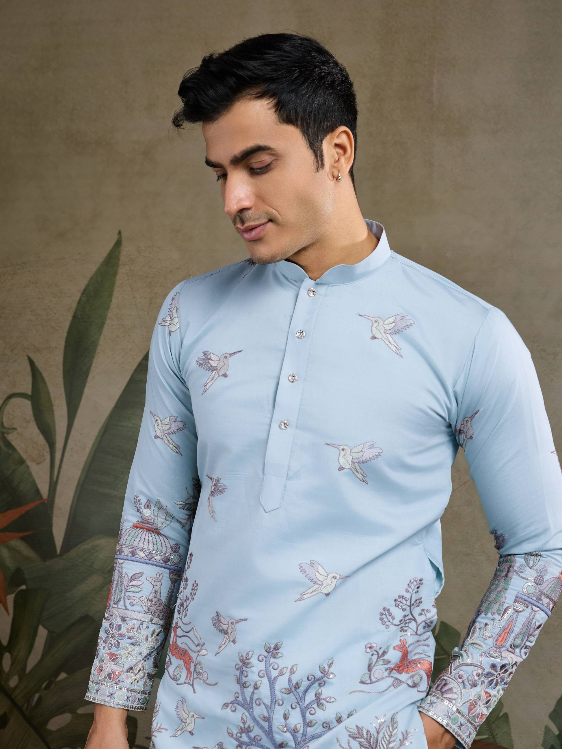 Sky color viscose silk mens kurta online shopping