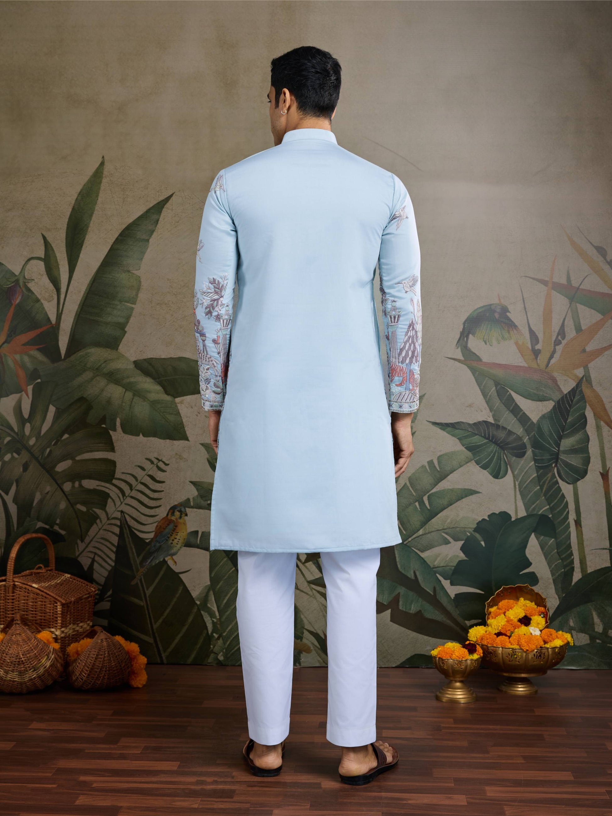 Sky color viscose silk mens kurta for wedding