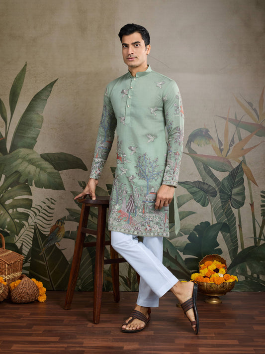 Exclusive Green Color Viscose Silk Mens Kurta For Sangeet Ceremonies