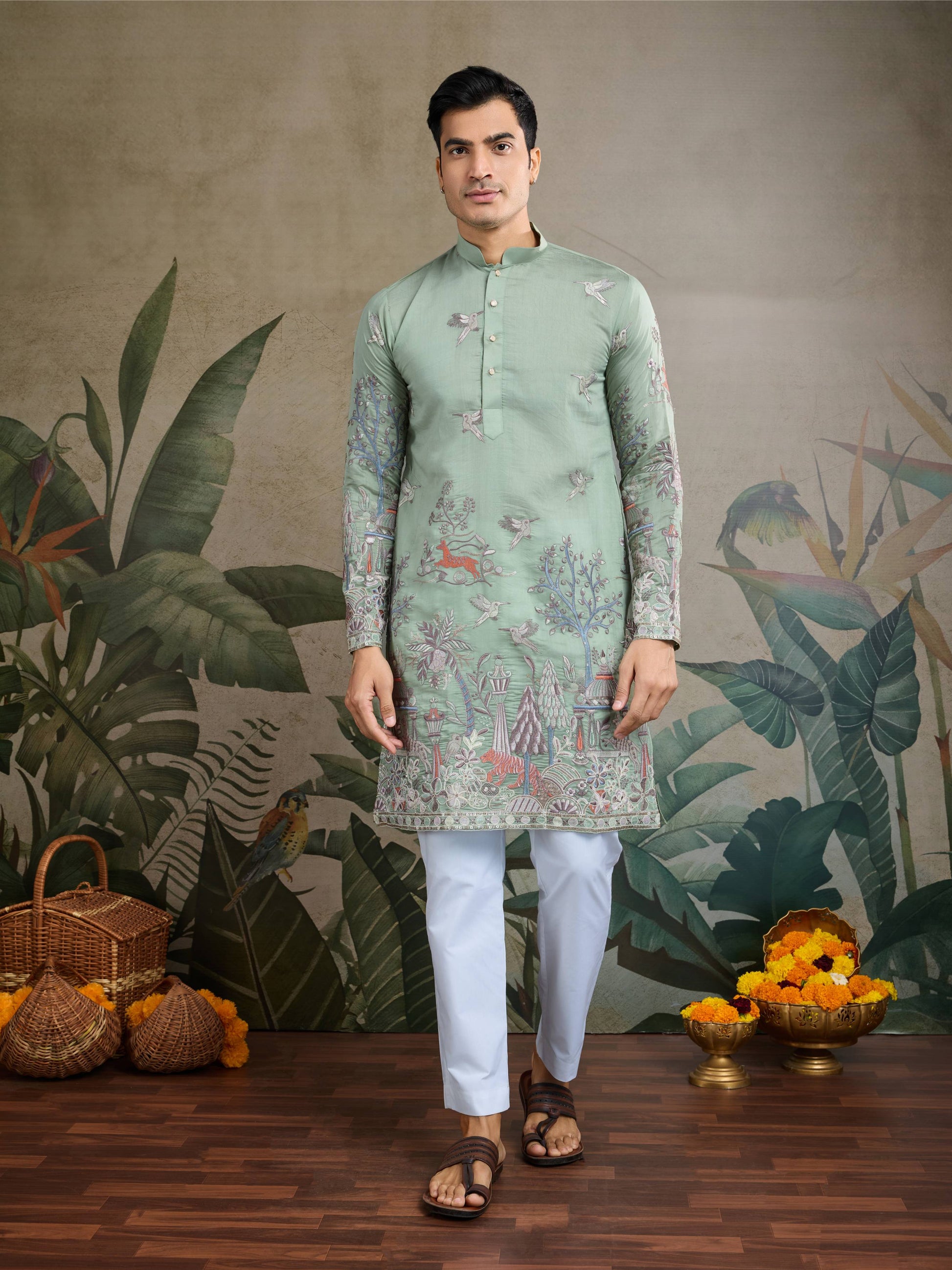 Green color viscose silk mens kurta for wedding