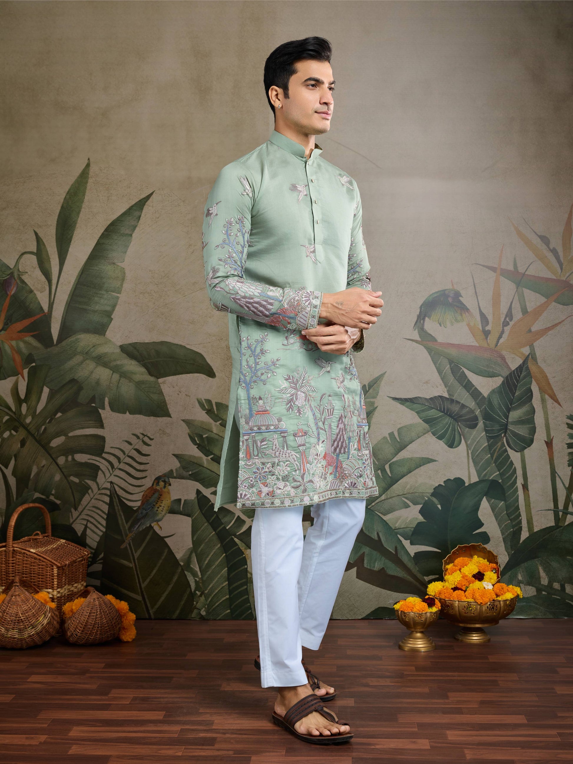 Green viscose silk mens kurta with online shopping