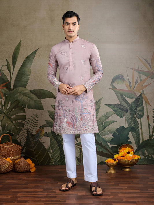 Peach color viscose silk kurta for mens